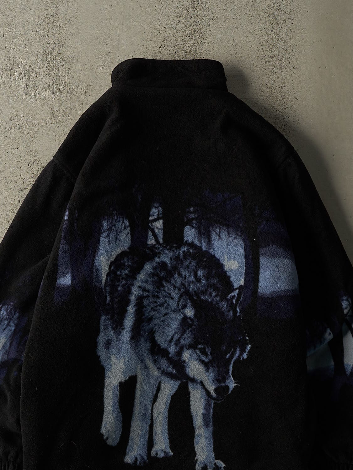 Vintage 90s Black Wolf Zip Up Fleece Jacket (XL)