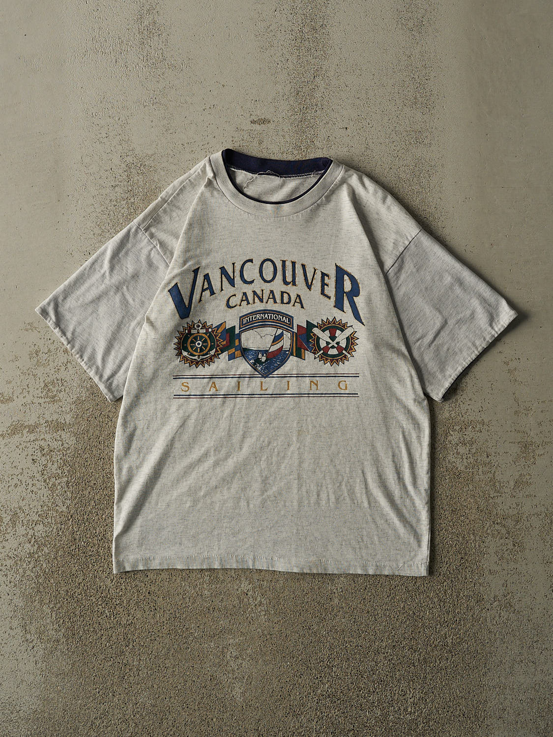 Vintage 90s Heather Grey Vancouver Sailing Double Neck Tee (S/M)