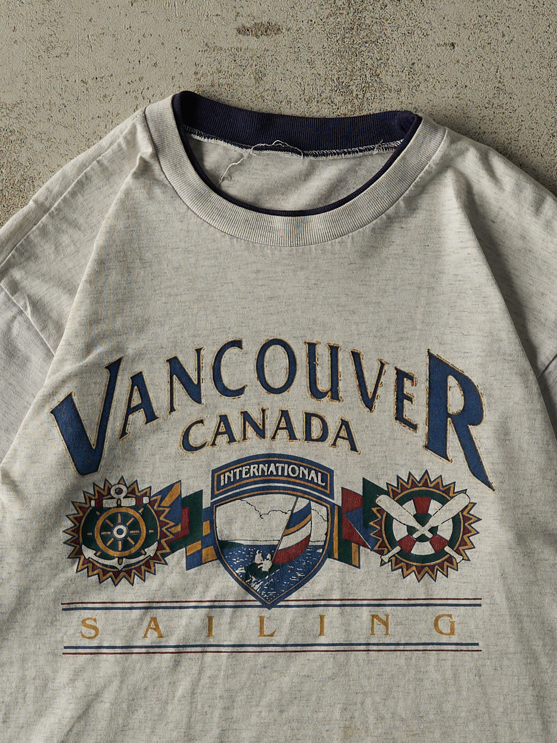 Vintage 90s Heather Grey Vancouver Sailing Double Neck Tee (S/M)