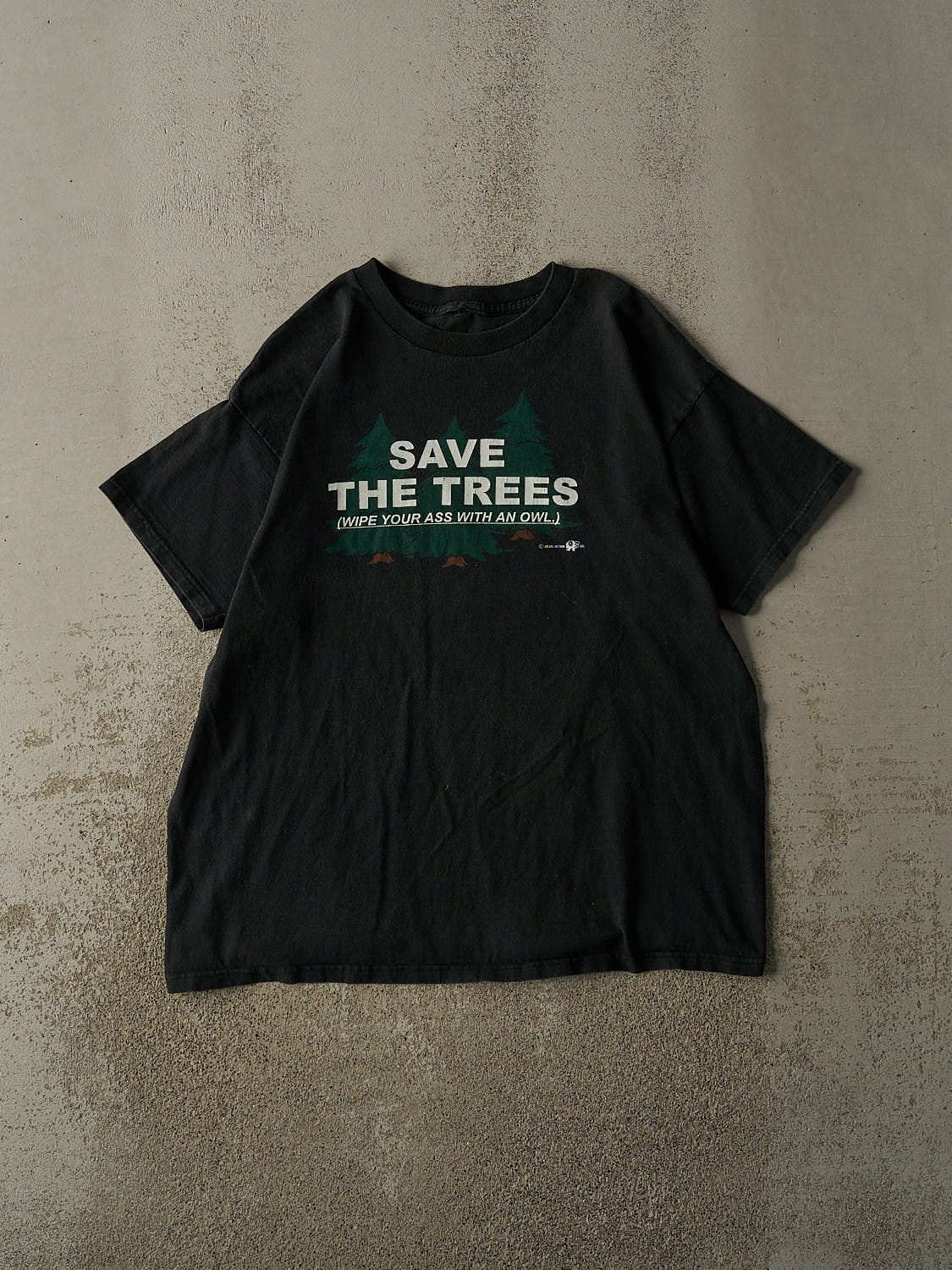 Vintage 90s Black Save The Trees Slogan Tee (XL)