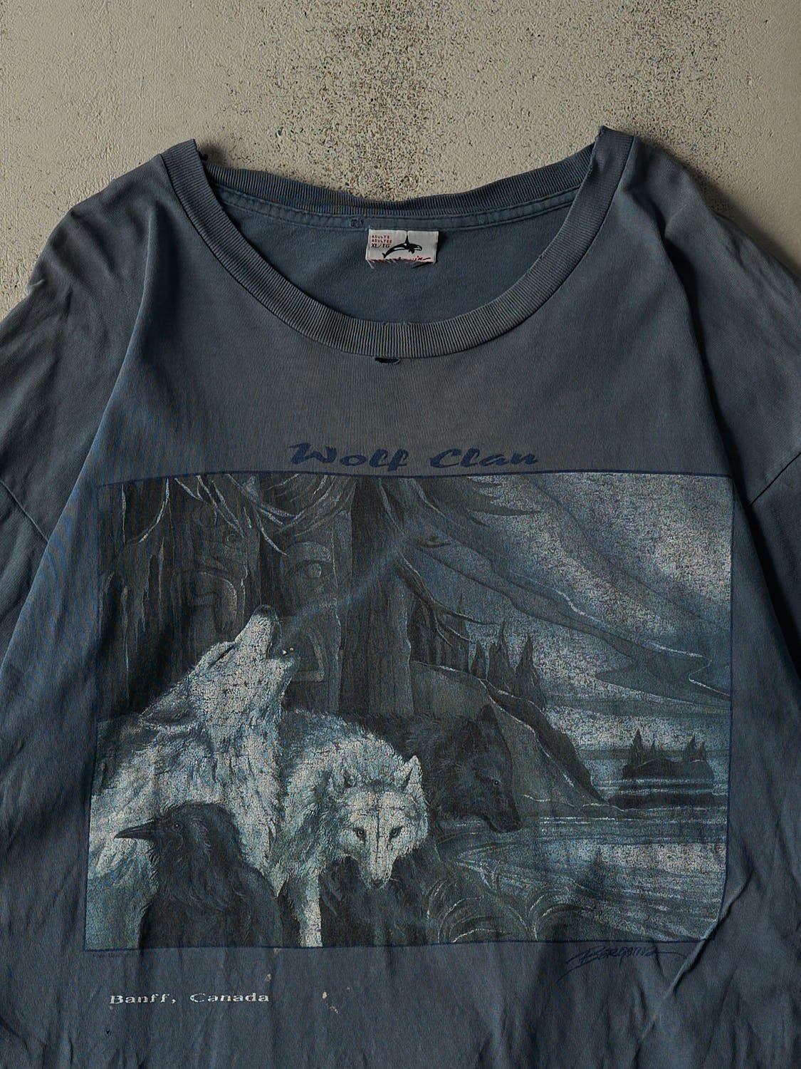 Vintage 90s Slate Blue Banff Wolf Clan Tee (XL/XXL)
