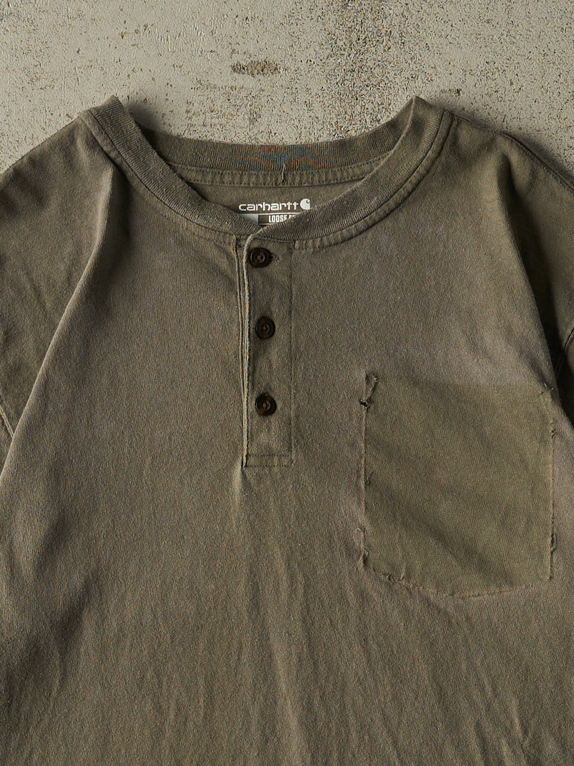 Vintage Y2K Sun Faded Green Carhartt Quarter Button Ghost Pocket Tee (L/XL)
