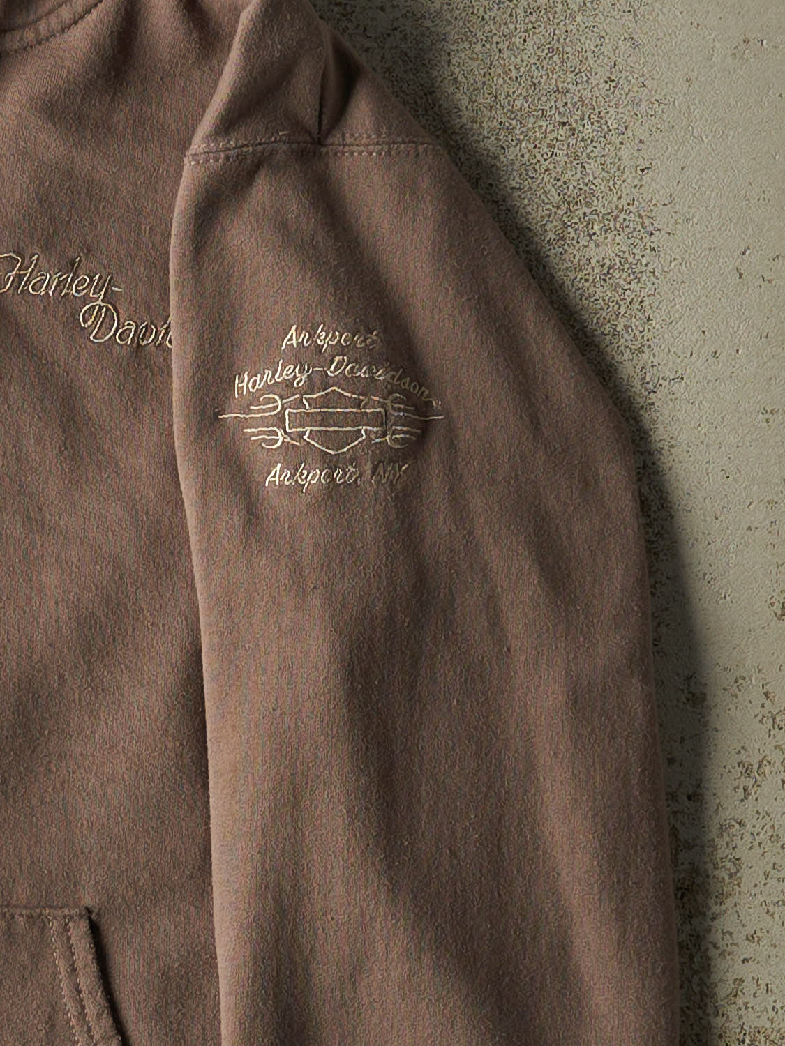 Vintage 90s Faded Brown Harley Davidson Arkport NY Zip Up Hoodie (XS)