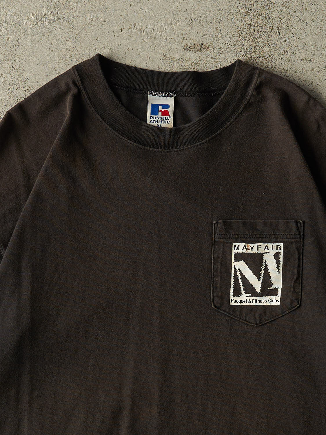 Vintage 90s Sun Faded Black Russell Athletic Mayfair Pocket Tee (L/XL)