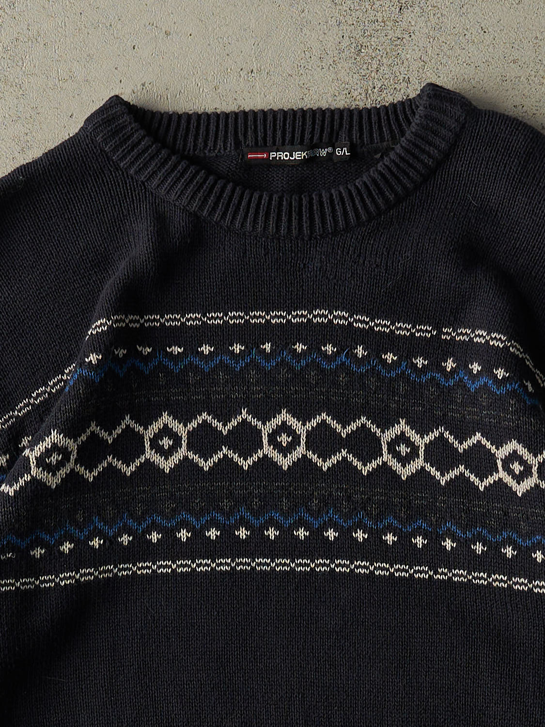Vintage 90s Navy Blue Striped Patterned Knit (L)