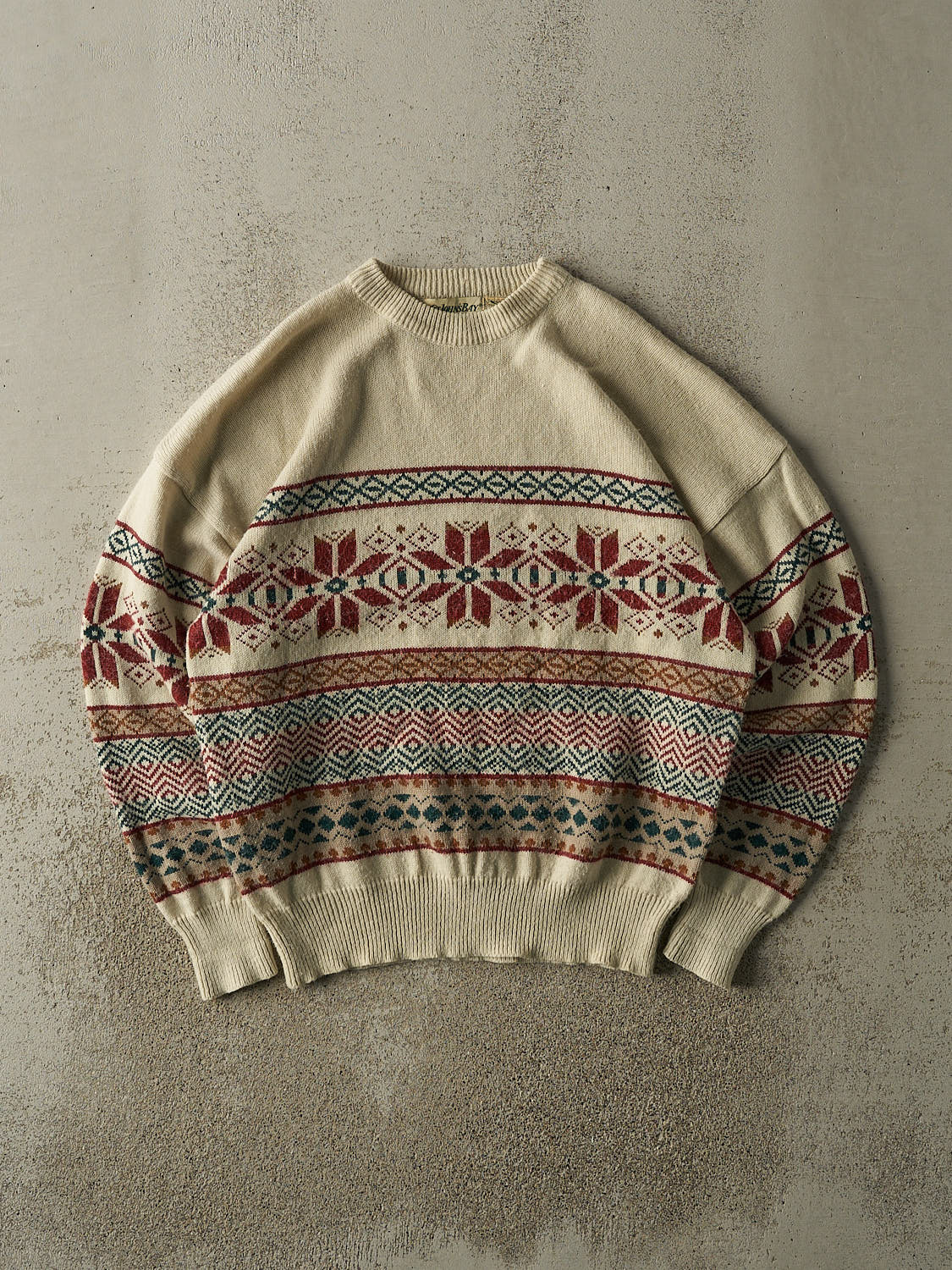 Vintage 90s Beige Snowflake Patterned Knit Pullover (L)