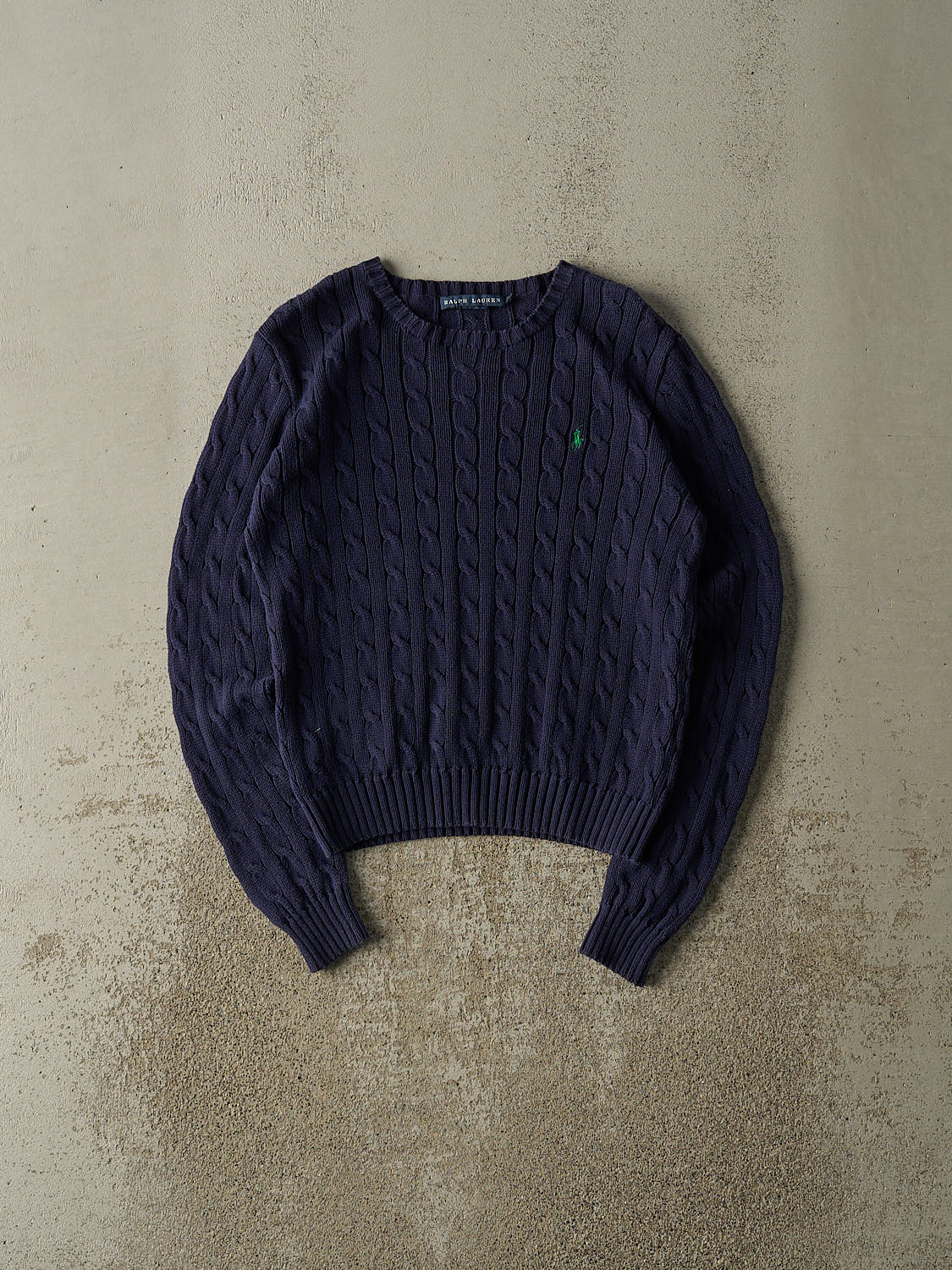 Vintage 90s Navy Blue Polo Embroidered Cable Knit (XS)