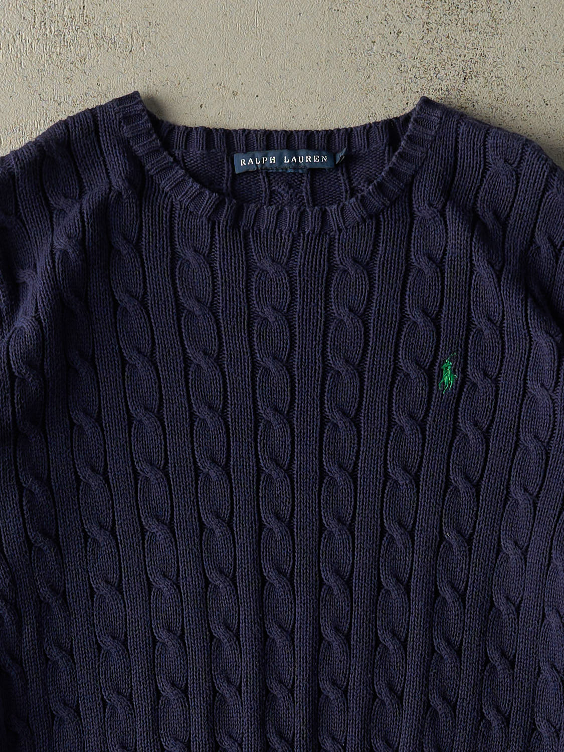 Vintage 90s Navy Blue Polo Embroidered Cable Knit (XS)