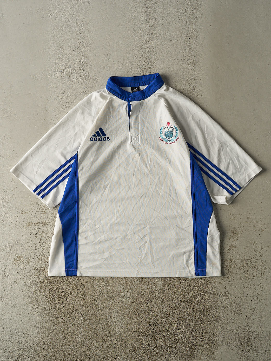 Vintage Y2K White & Blue Adidas Samoa Rugby Jersey (XXL/XXXL)