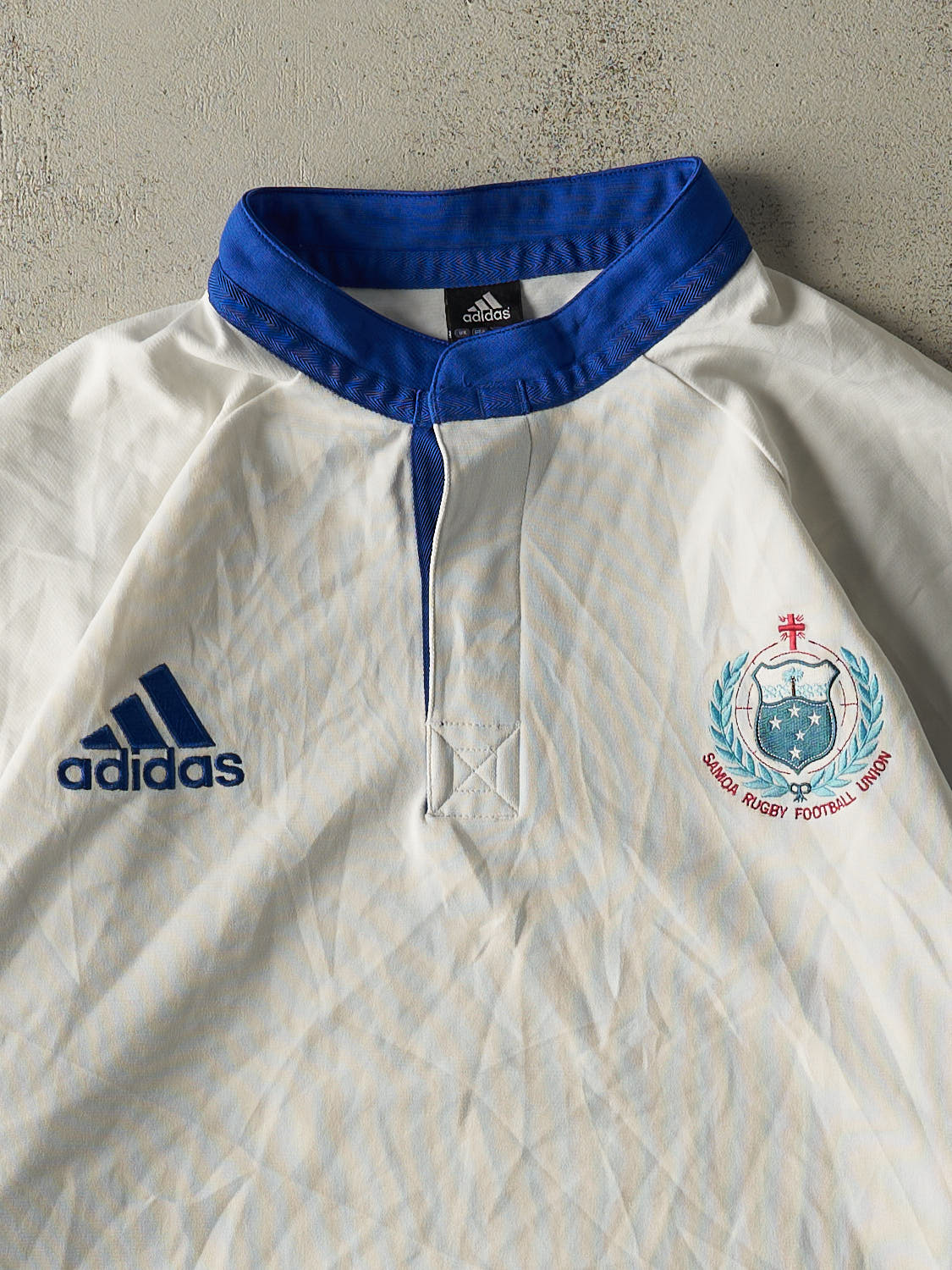 Vintage Y2K White & Blue Adidas Samoa Rugby Jersey (XXL/XXXL)
