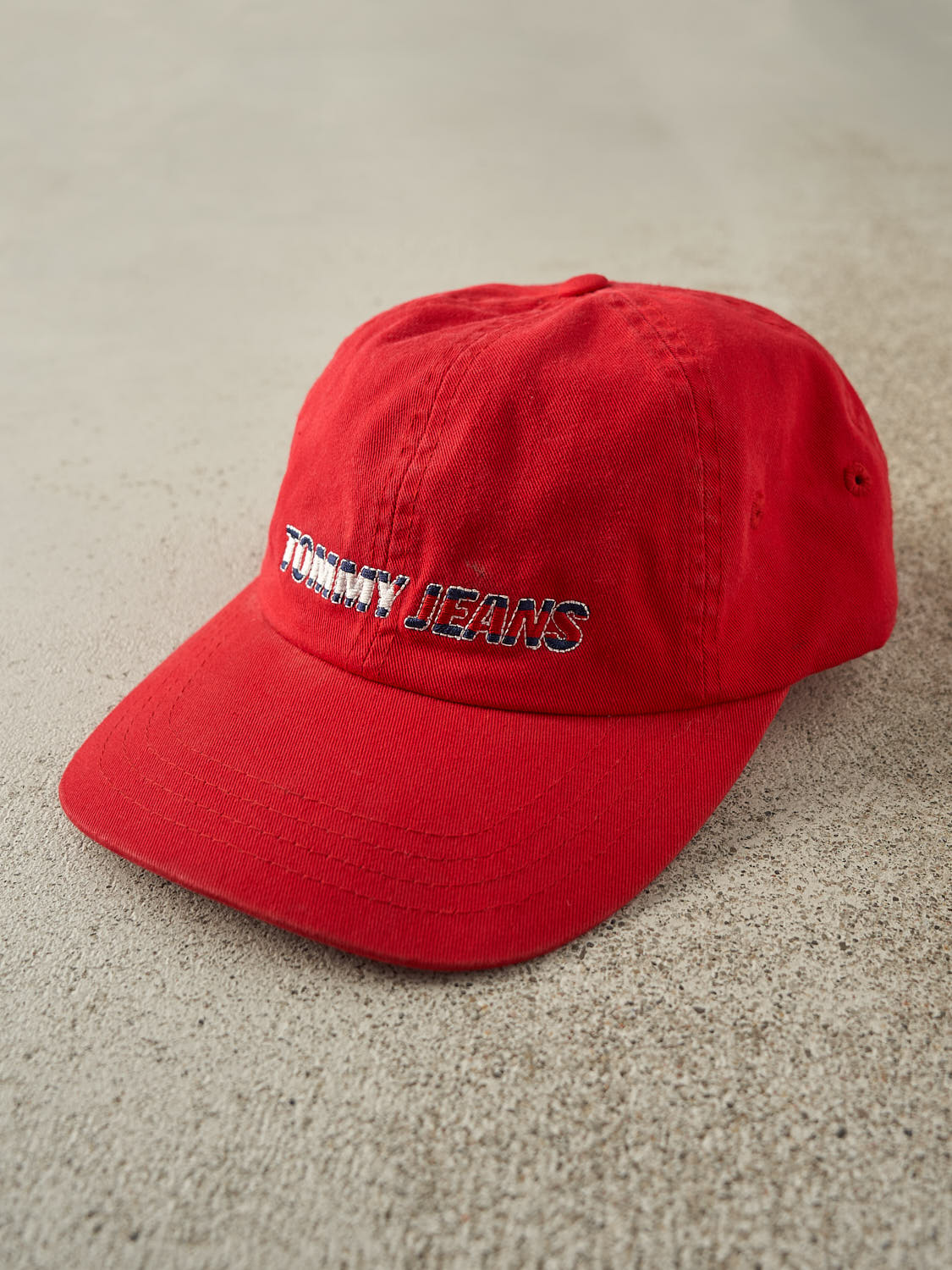Vintage 90s Sun Faded Red Tommy Hilfiger Jeans Velcro Strapback Hat (O/S)