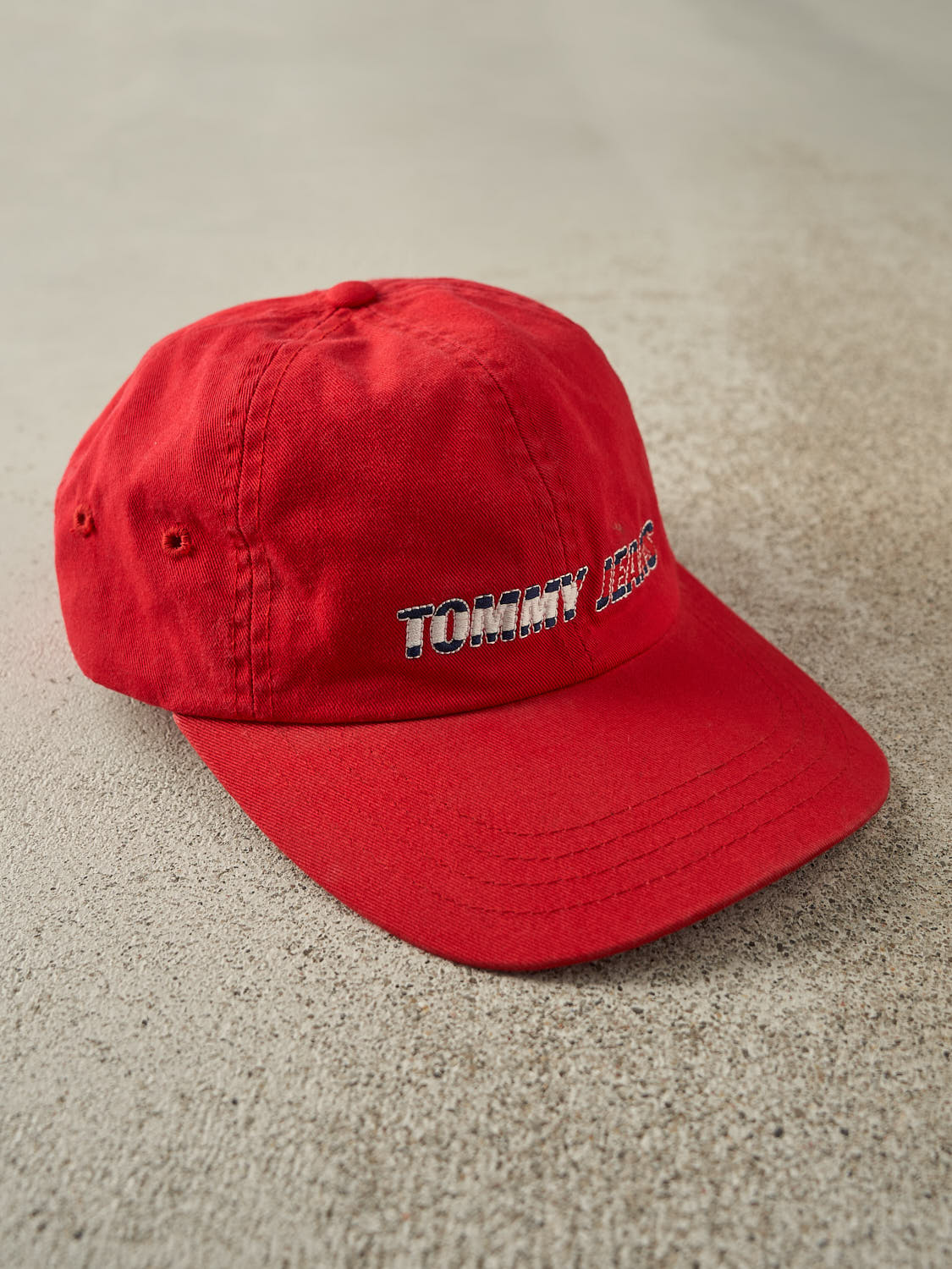 Vintage 90s Sun Faded Red Tommy Hilfiger Jeans Velcro Strapback Hat (O/S)