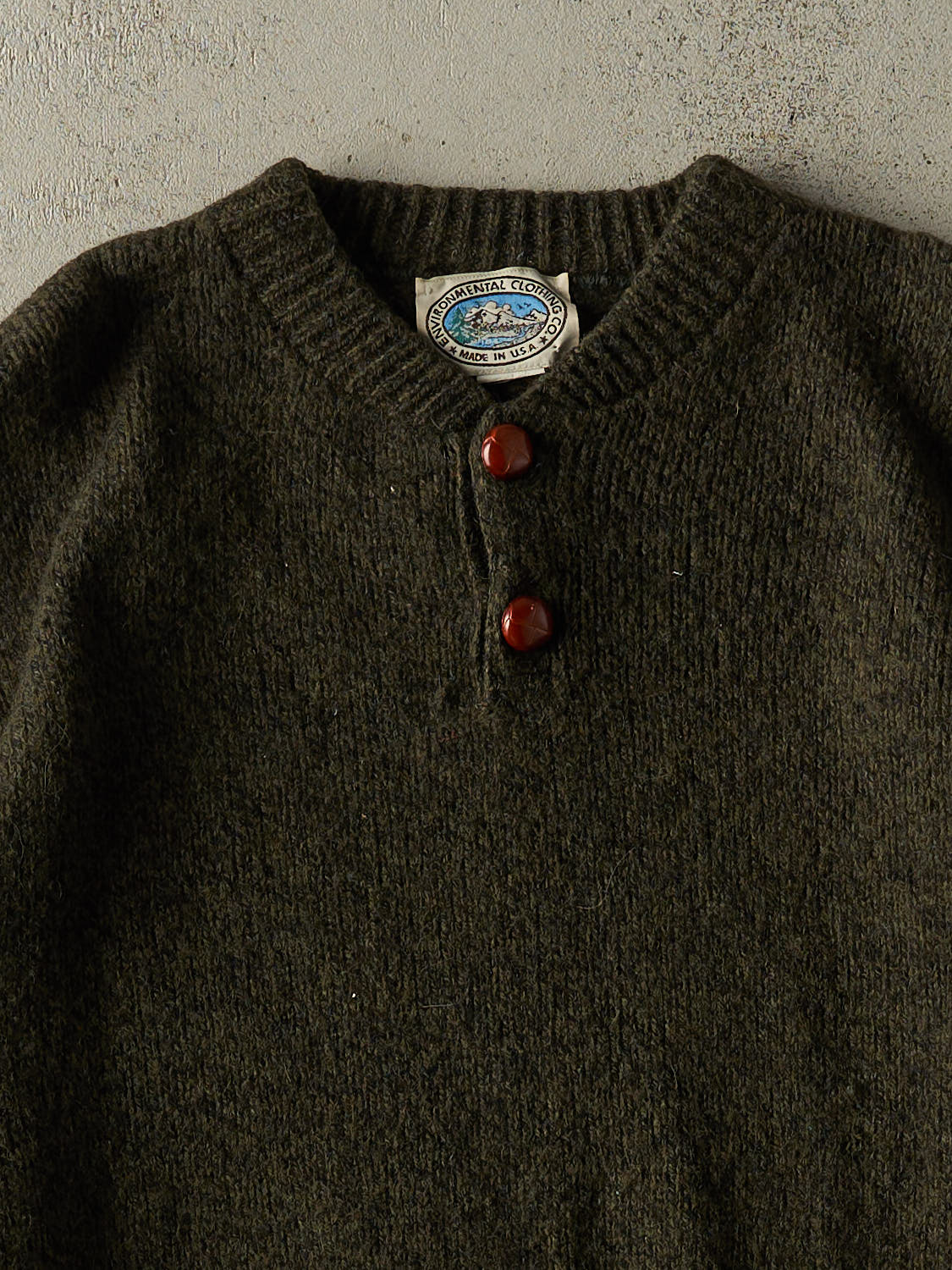 Vintage 80s Green Quarter Button Knit Pullover (S)