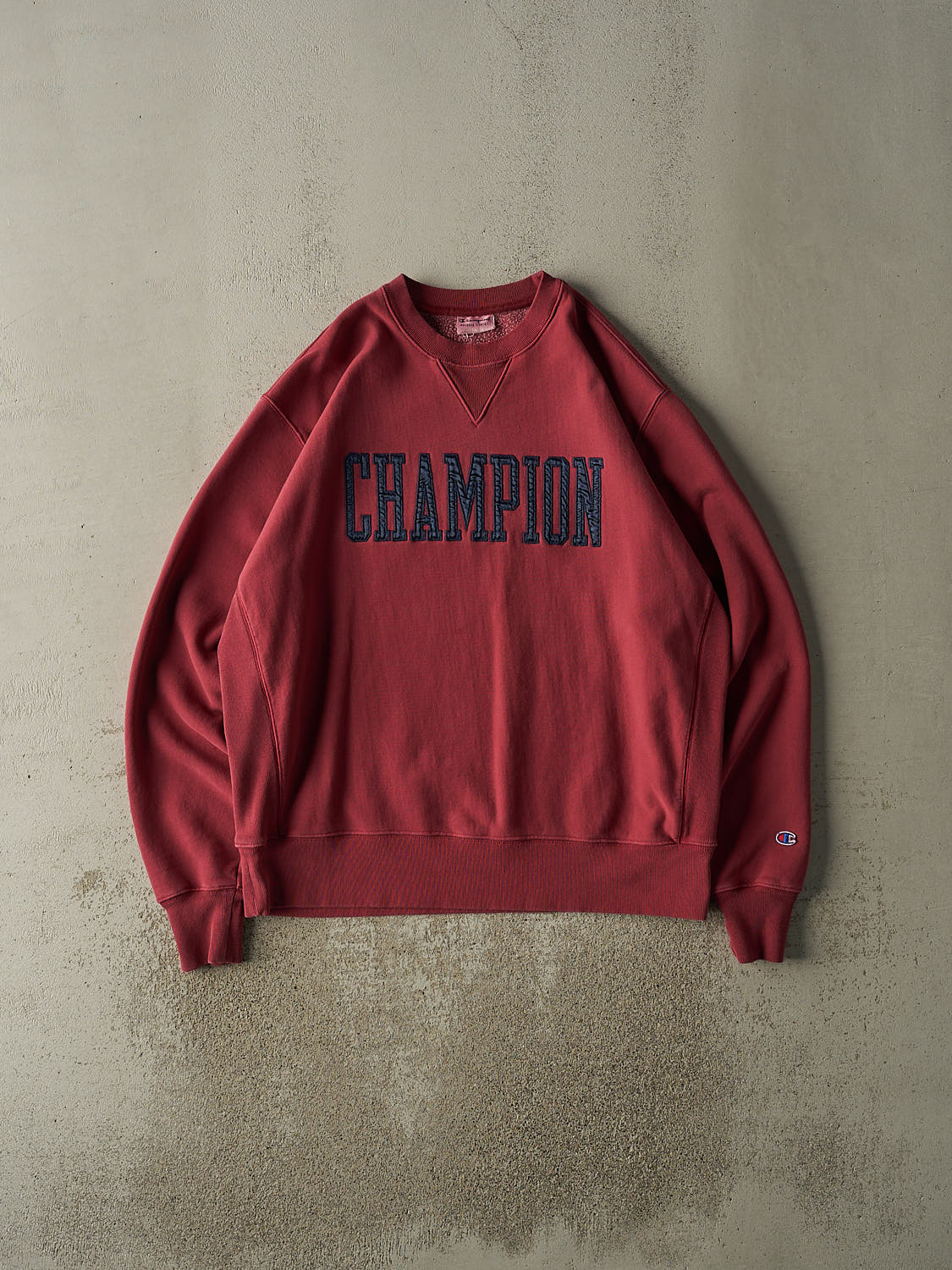 Vintage 90s Sun Faded Red Champion Embroidered Logo Crewneck (XXL/XXXL)
