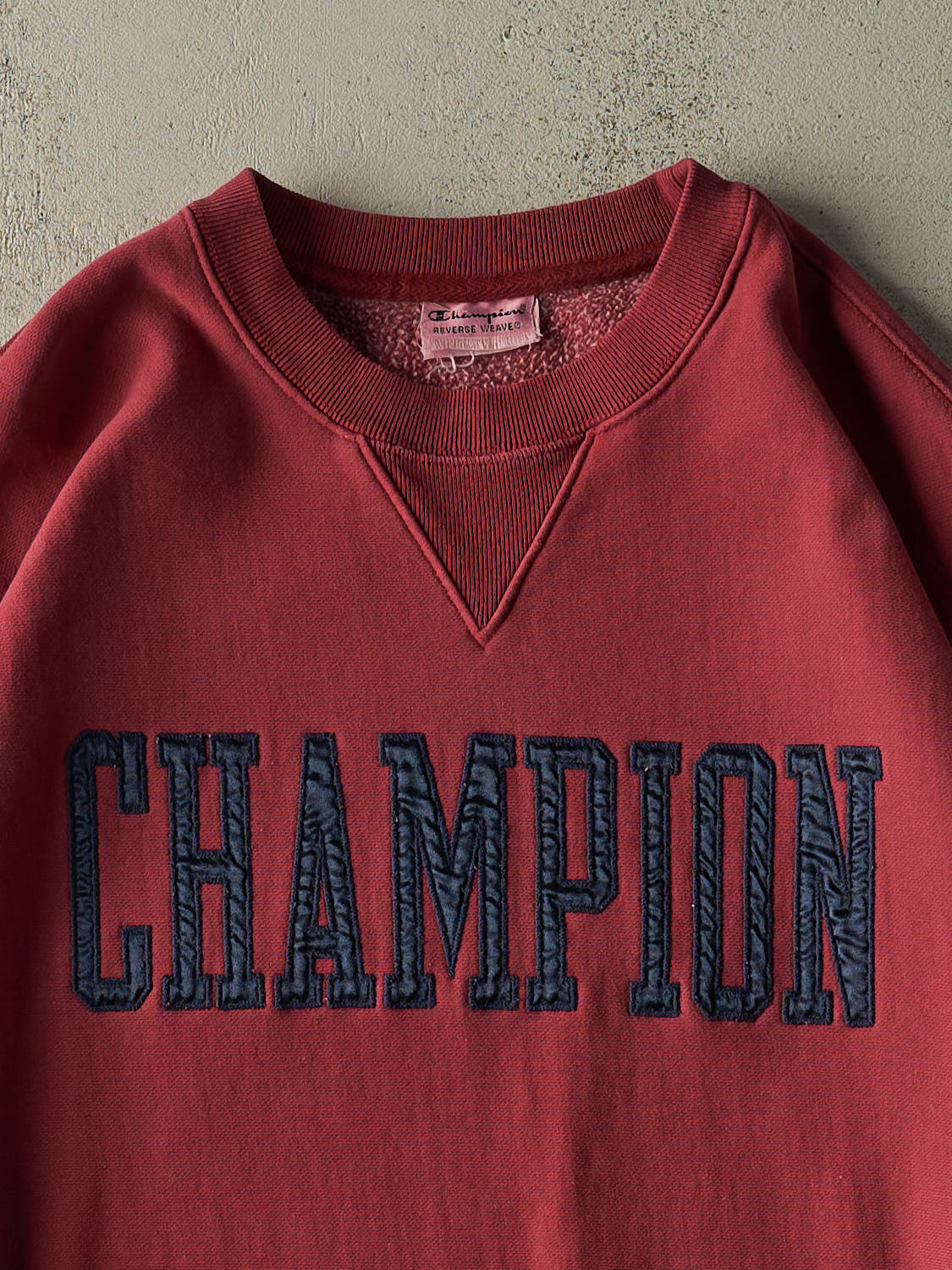 Vintage 90s Sun Faded Red Champion Embroidered Logo Crewneck (XXL/XXXL)
