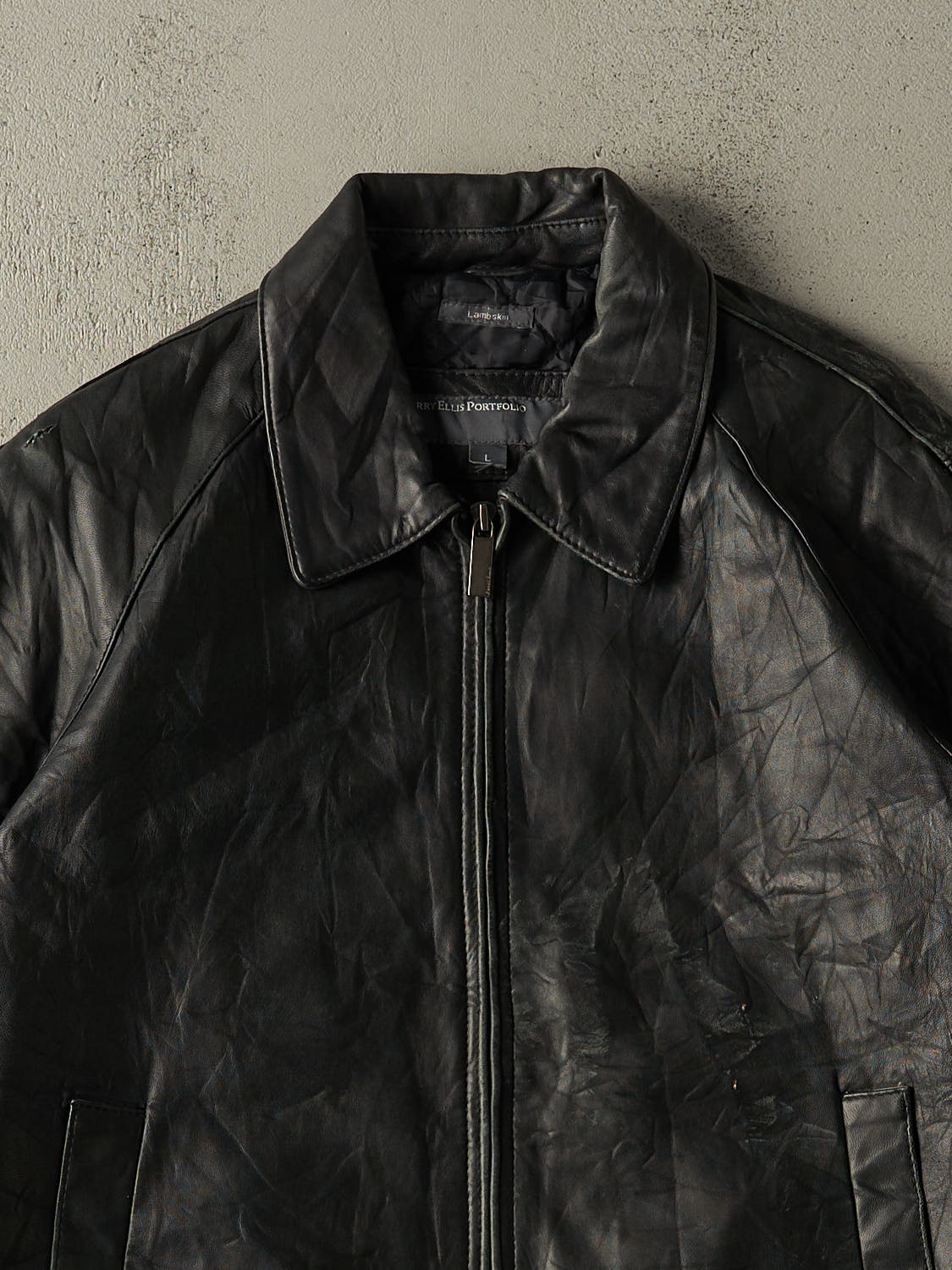 Vintage 90s Black Perry Ellis Portfolio Leather Jacket (L/XL