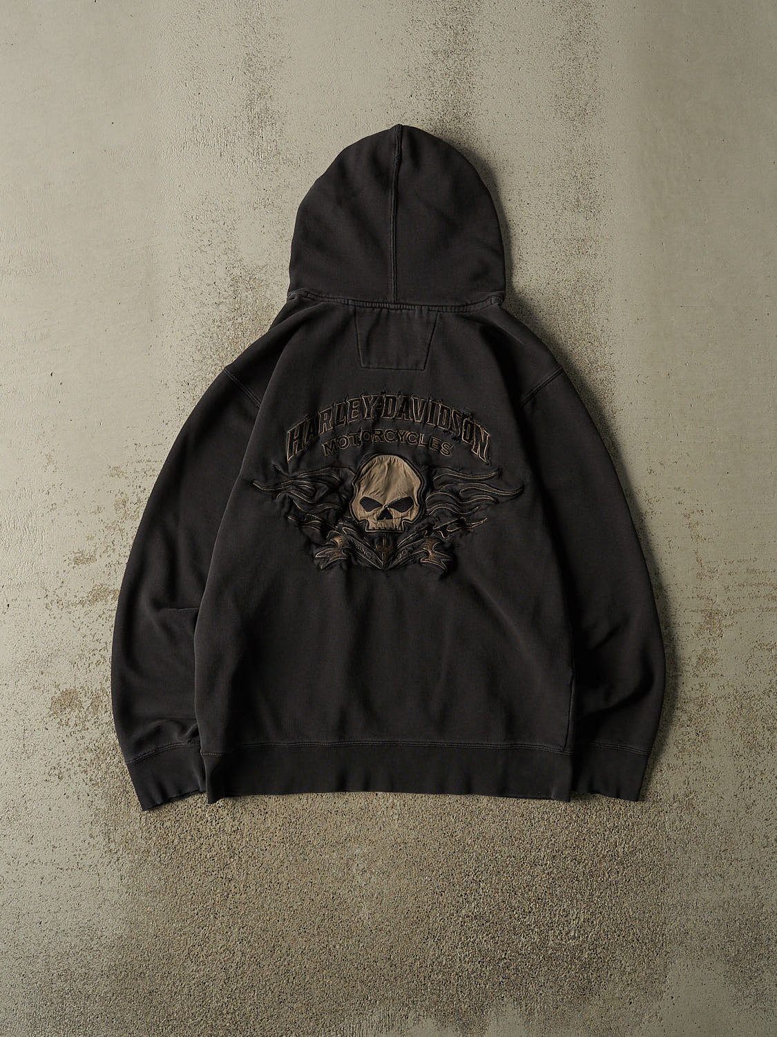 Vintage Y2K Faded Black Harley Davidson Embroidered Hoodie (S/M)