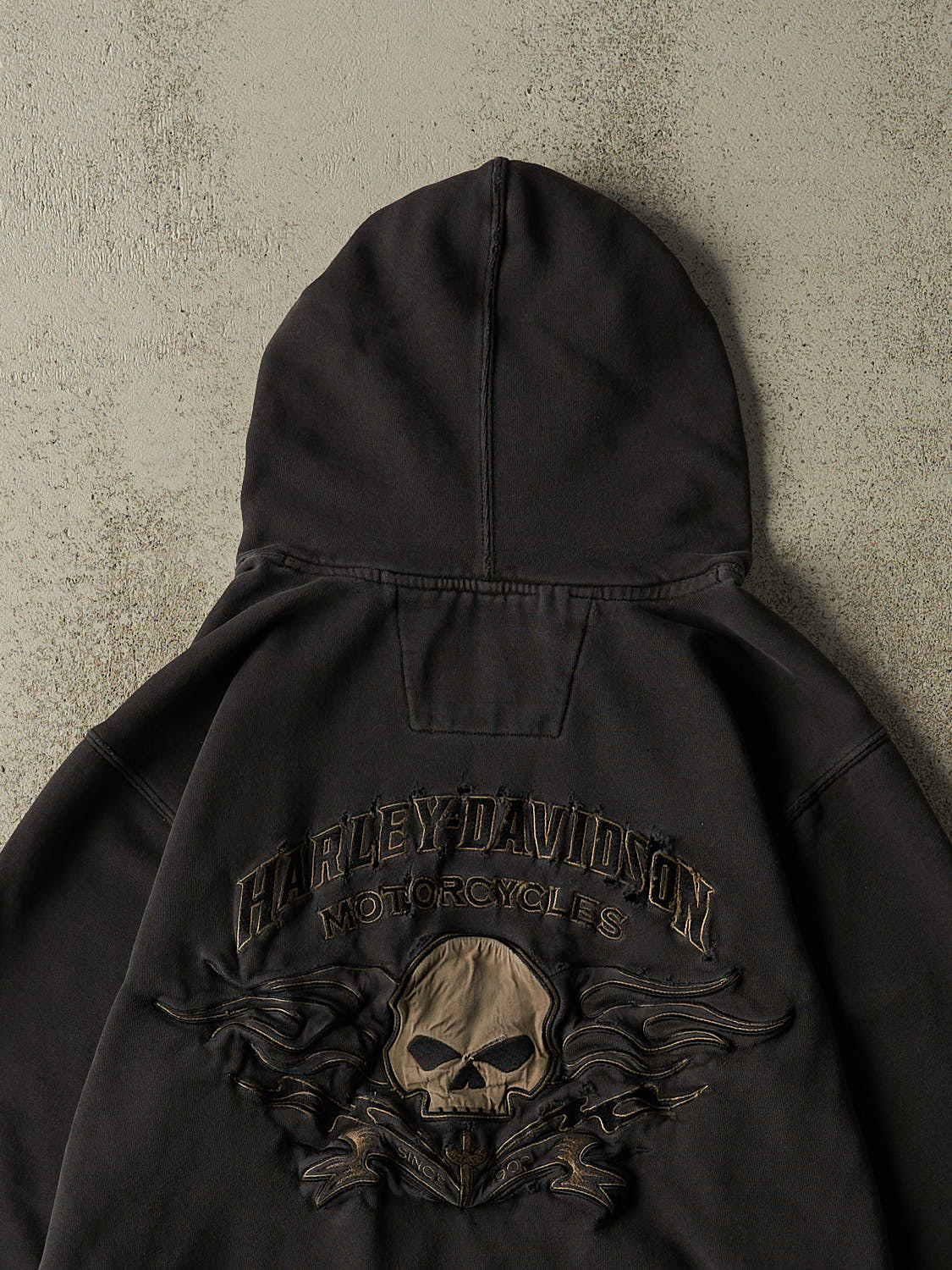 Vintage Y2K Faded Black Harley Davidson Embroidered Hoodie (S/M)