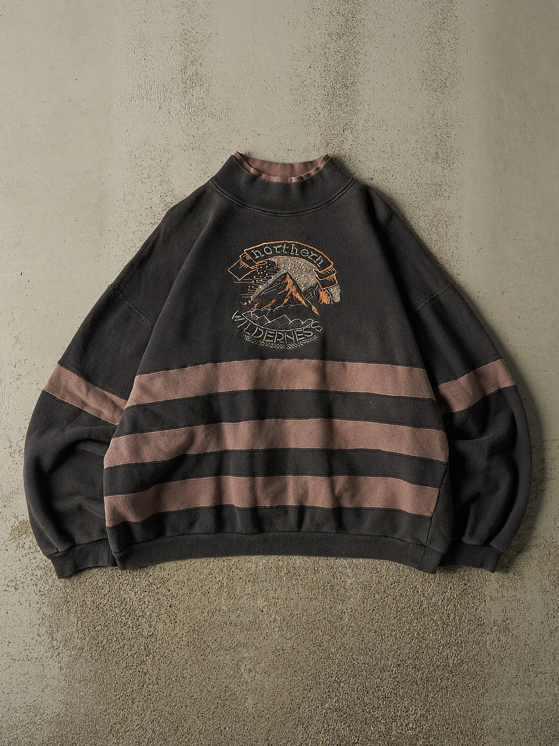 Vintage 90s Faded Black Northern Wilderness Striped Double Neck Crewneck (L/XL)