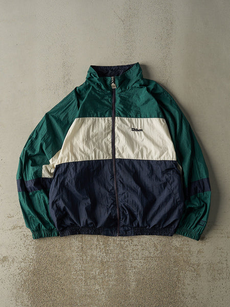 モーション文字　90s 00s 山田レン　ギルダン　USA ヴィンテージ Vintage 90s Green, White & Navy Wilson Embroidered Windbreaker