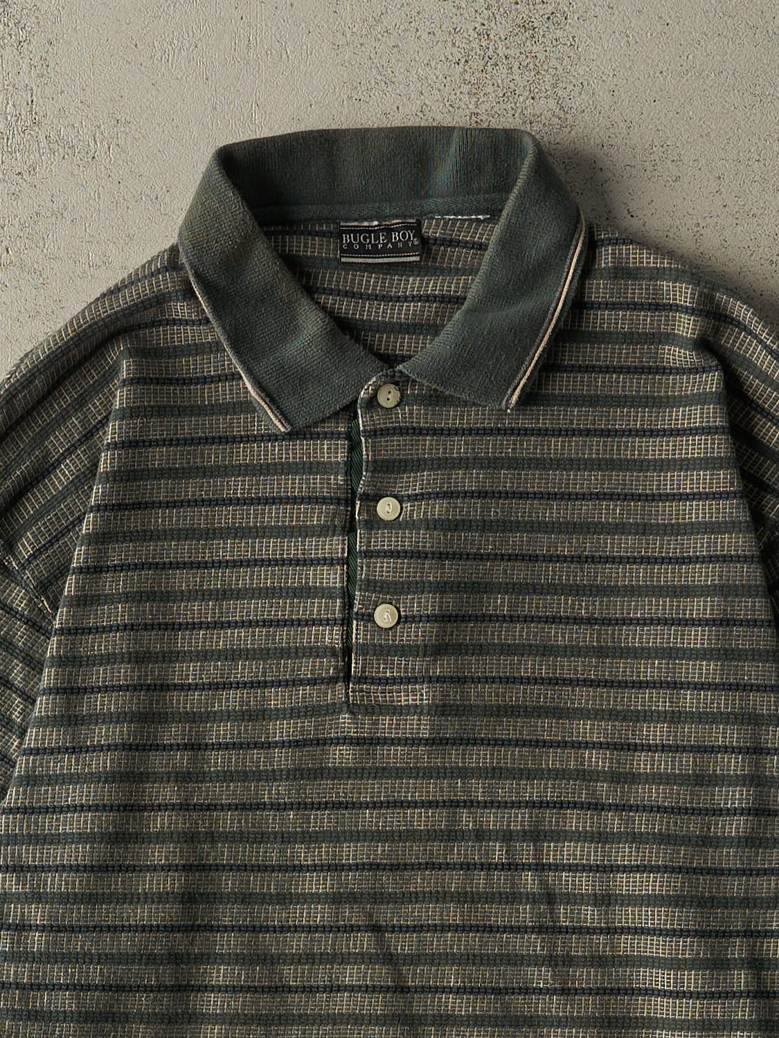 Vintage 90s Green Bugle Boy Striped Quarter Button Long Sleeve (M/L)