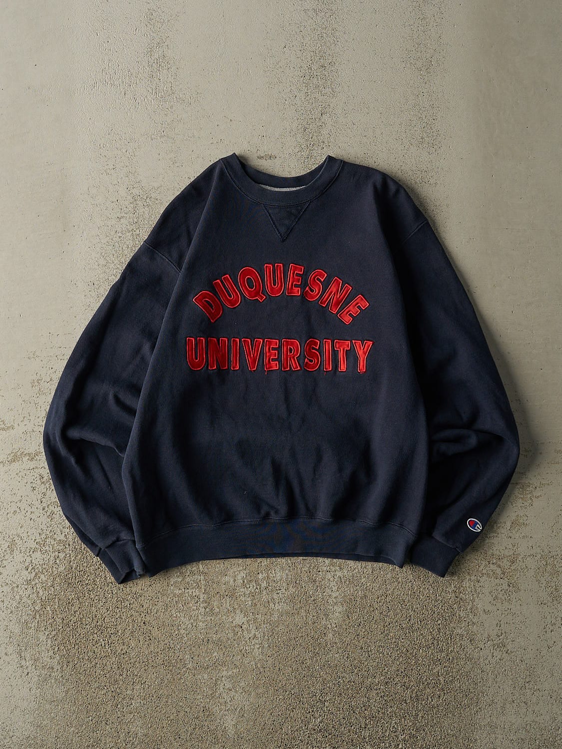 Vintage 90s Navy Blue Champion Duquesne University Embroidered Crewneck (XS/S)