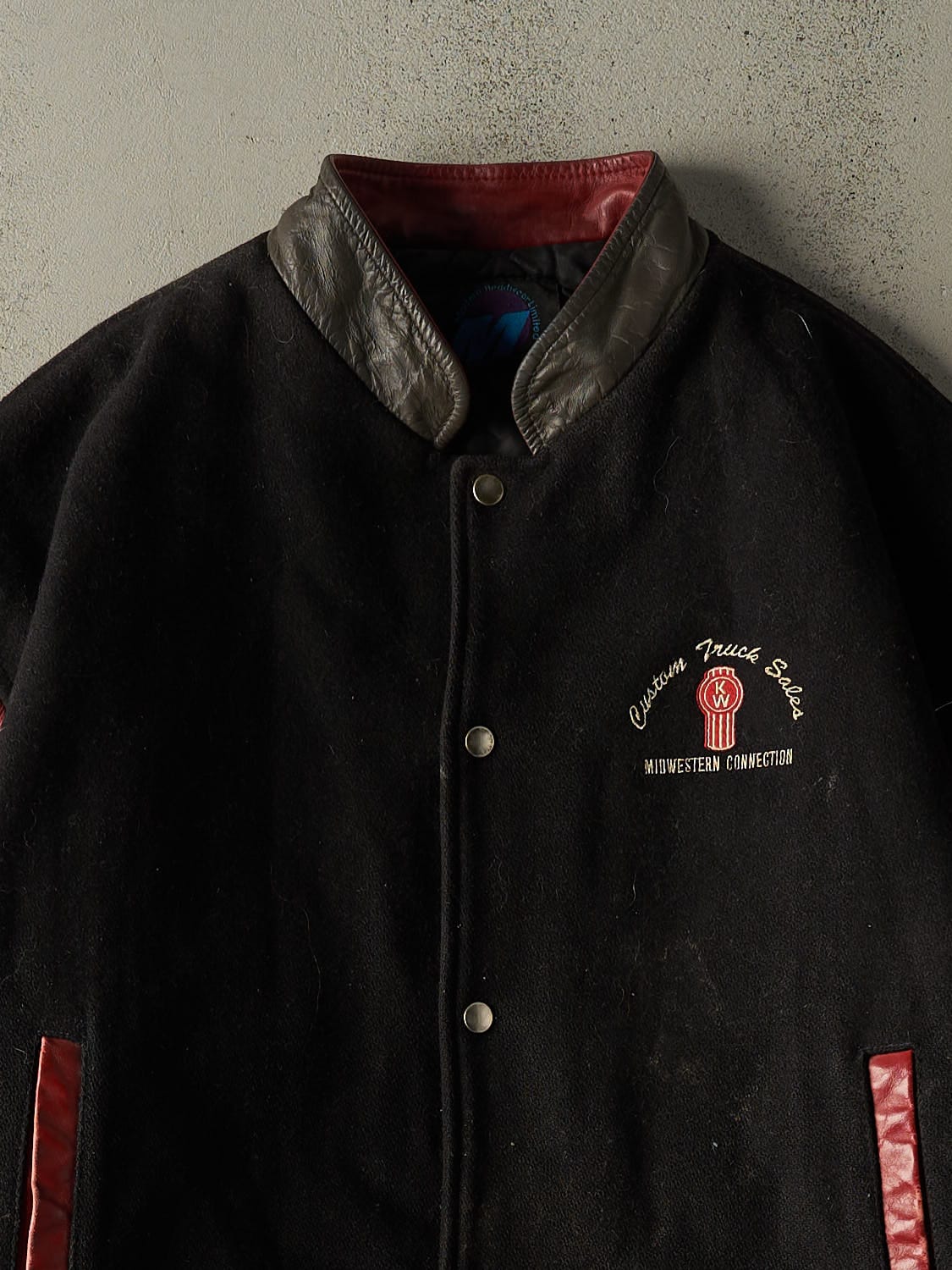 Vintage 90s Black Kenworth Embroidered Varsity Jacket (XL)