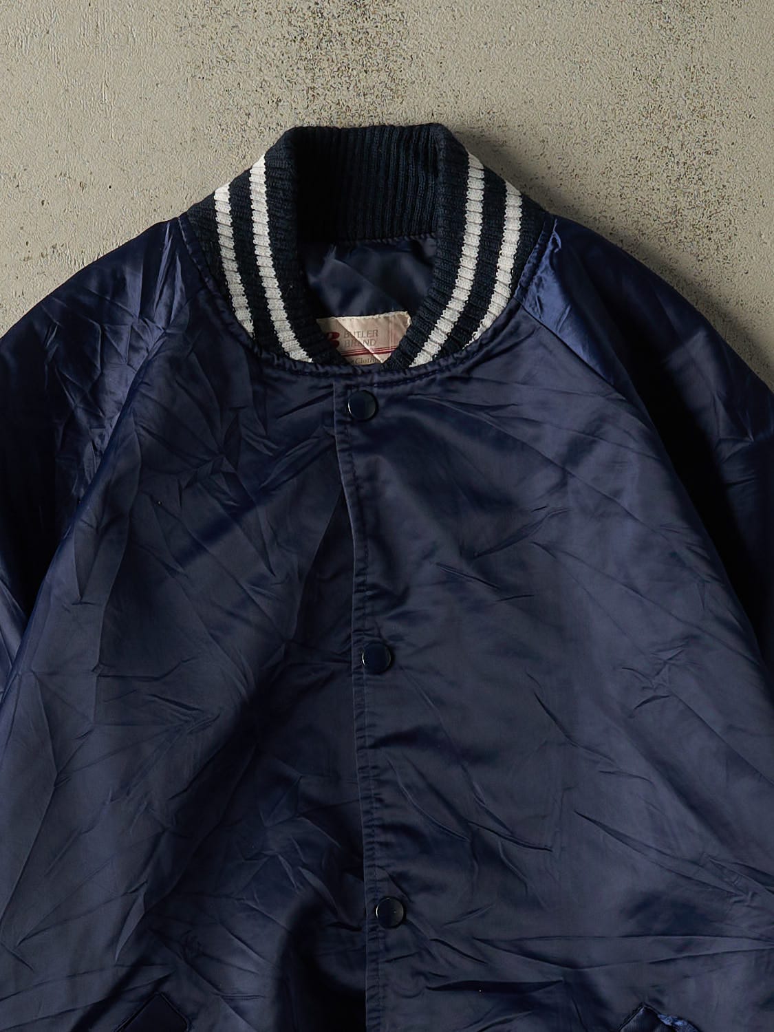 Vintage 80s Navy Blue Satin Bomber Jacket (S/M)