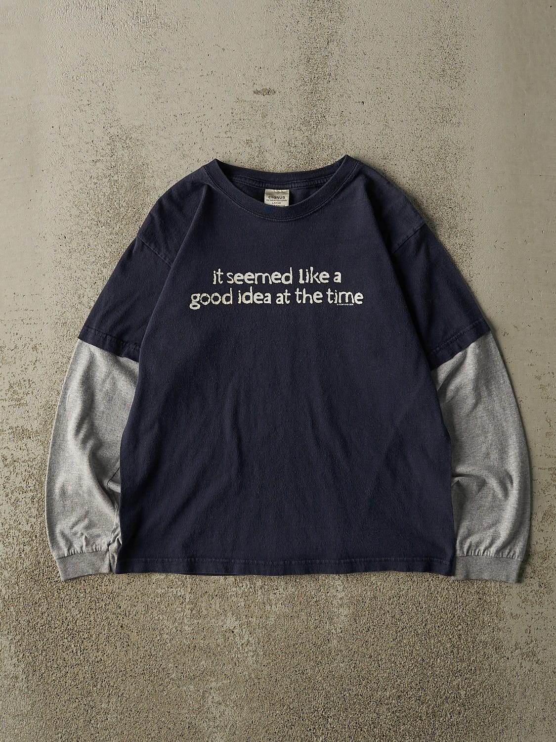 Vintage 90s Navy Blue & Grey "Good Idea" Long Sleeve (XS)