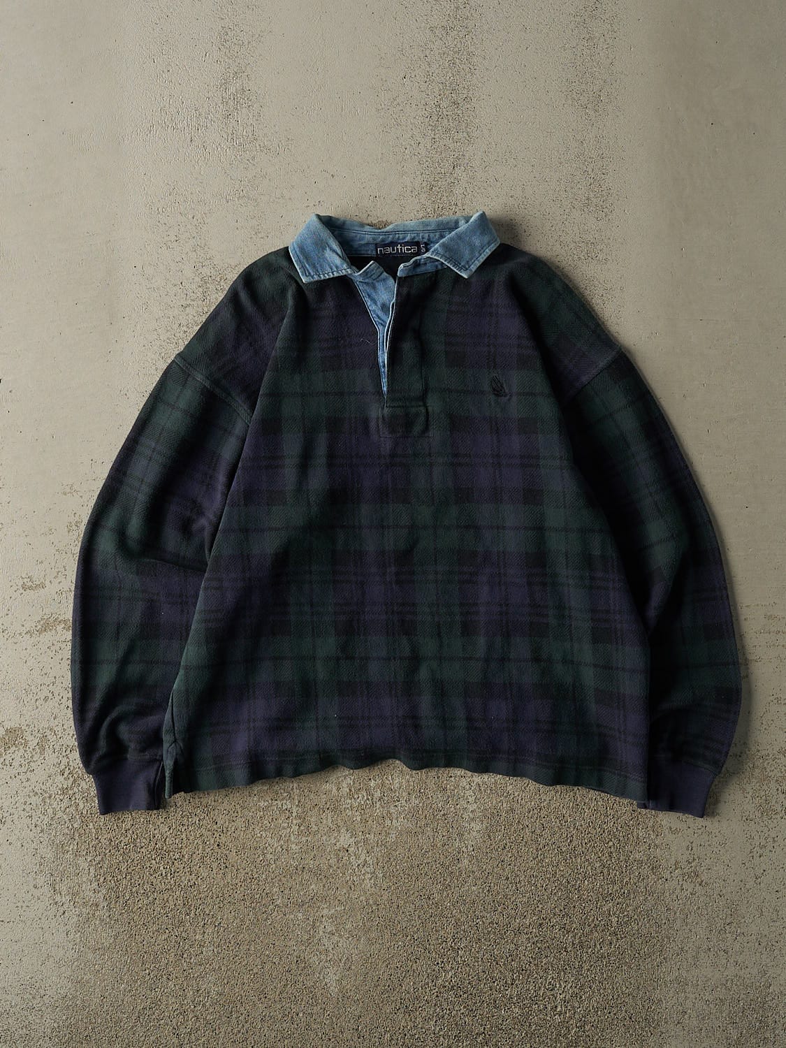 Vintage 90s Green & Navy Nautica Embroidered Quarter Button Long Sleeve (L)