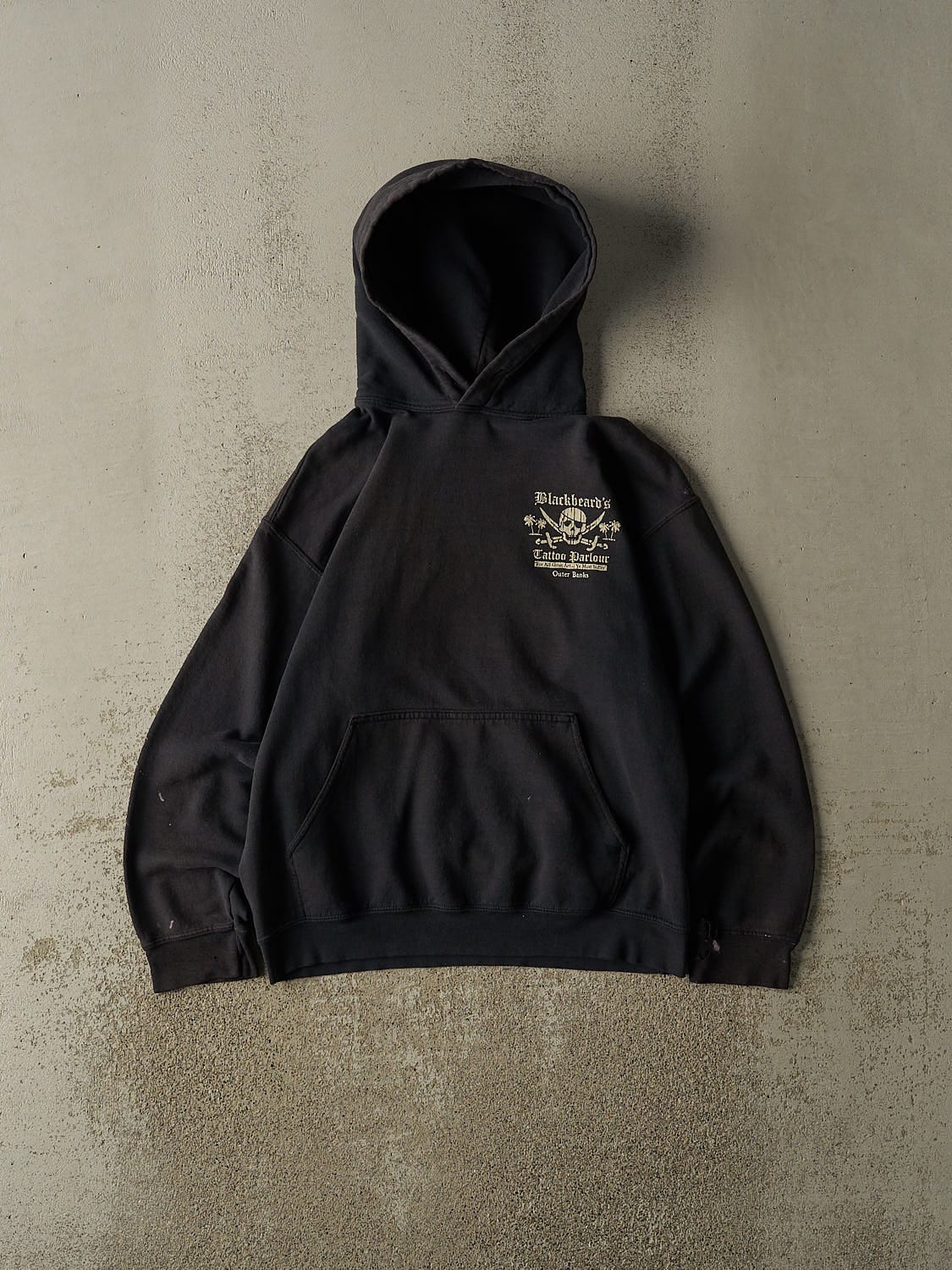 Vintage Y2K Faded Black Blackbeard' Tattoo Parlour Hoodie (S/M)