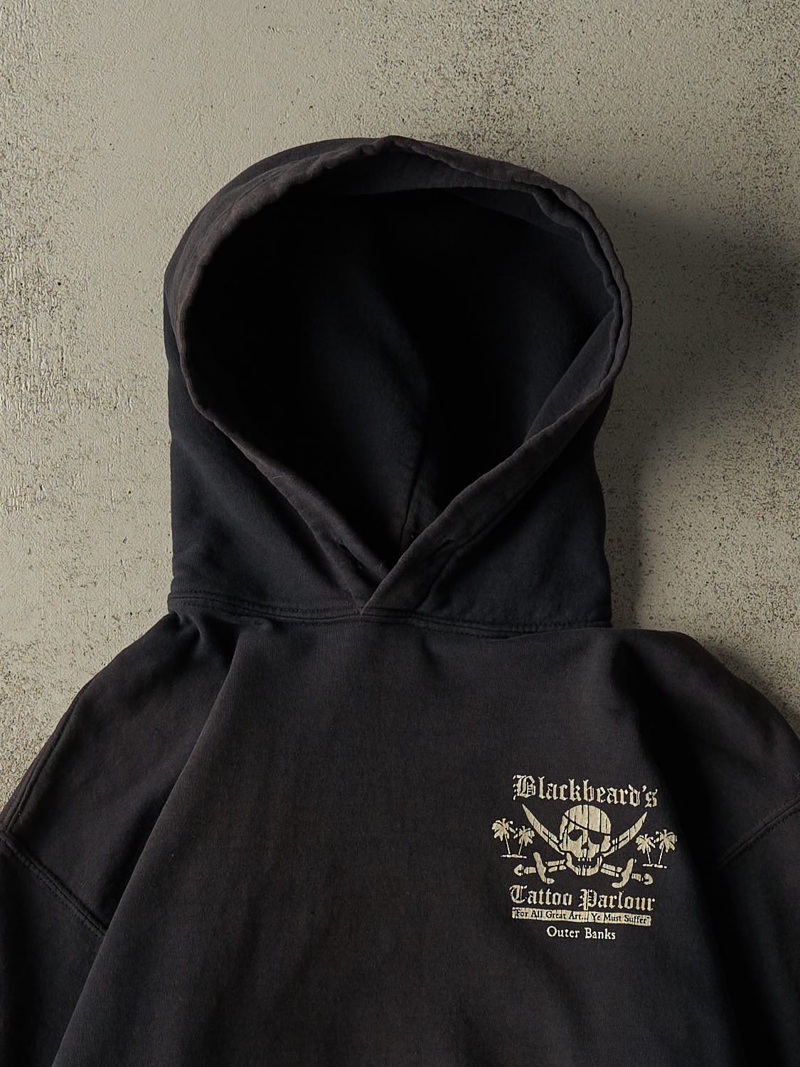 Vintage Y2K Faded Black Blackbeard' Tattoo Parlour Hoodie (S/M)