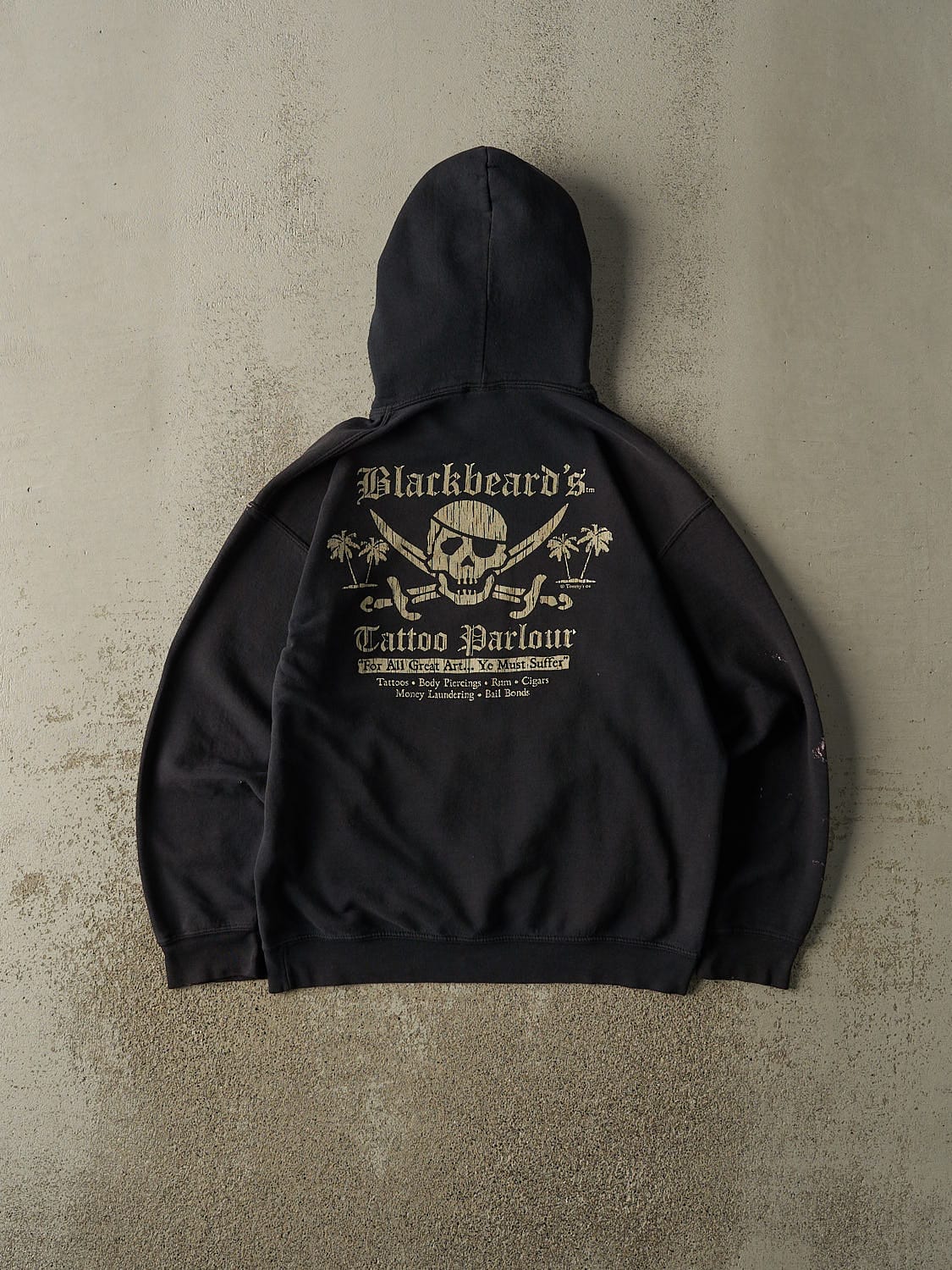 Vintage Y2K Faded Black Blackbeard' Tattoo Parlour Hoodie (S/M)