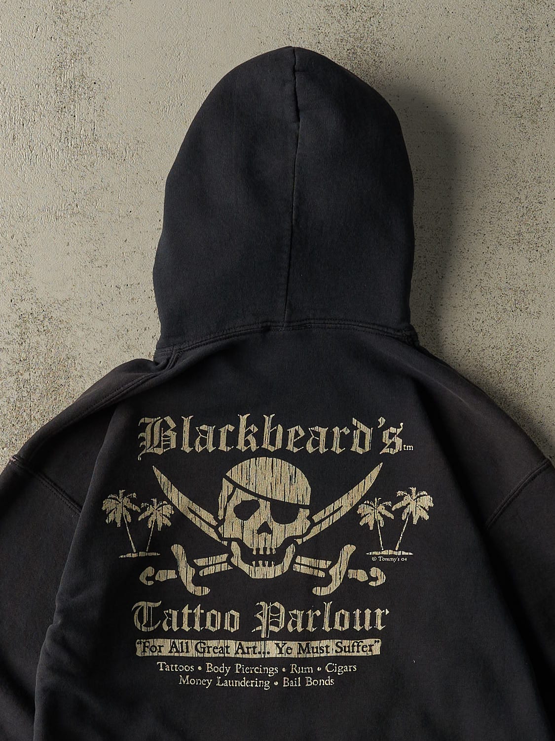 Vintage Y2K Faded Black Blackbeard' Tattoo Parlour Hoodie (S/M)