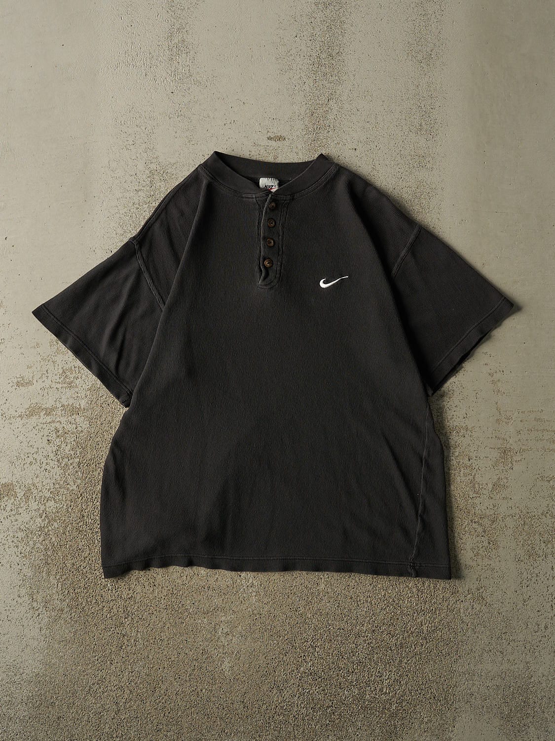 Vintage 90s Faded Black Nike Quarter Button Thermal Tee (L)