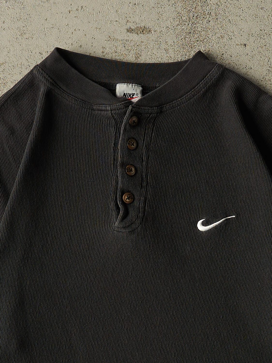 Vintage 90s Faded Black Nike Quarter Button Thermal Tee (L)