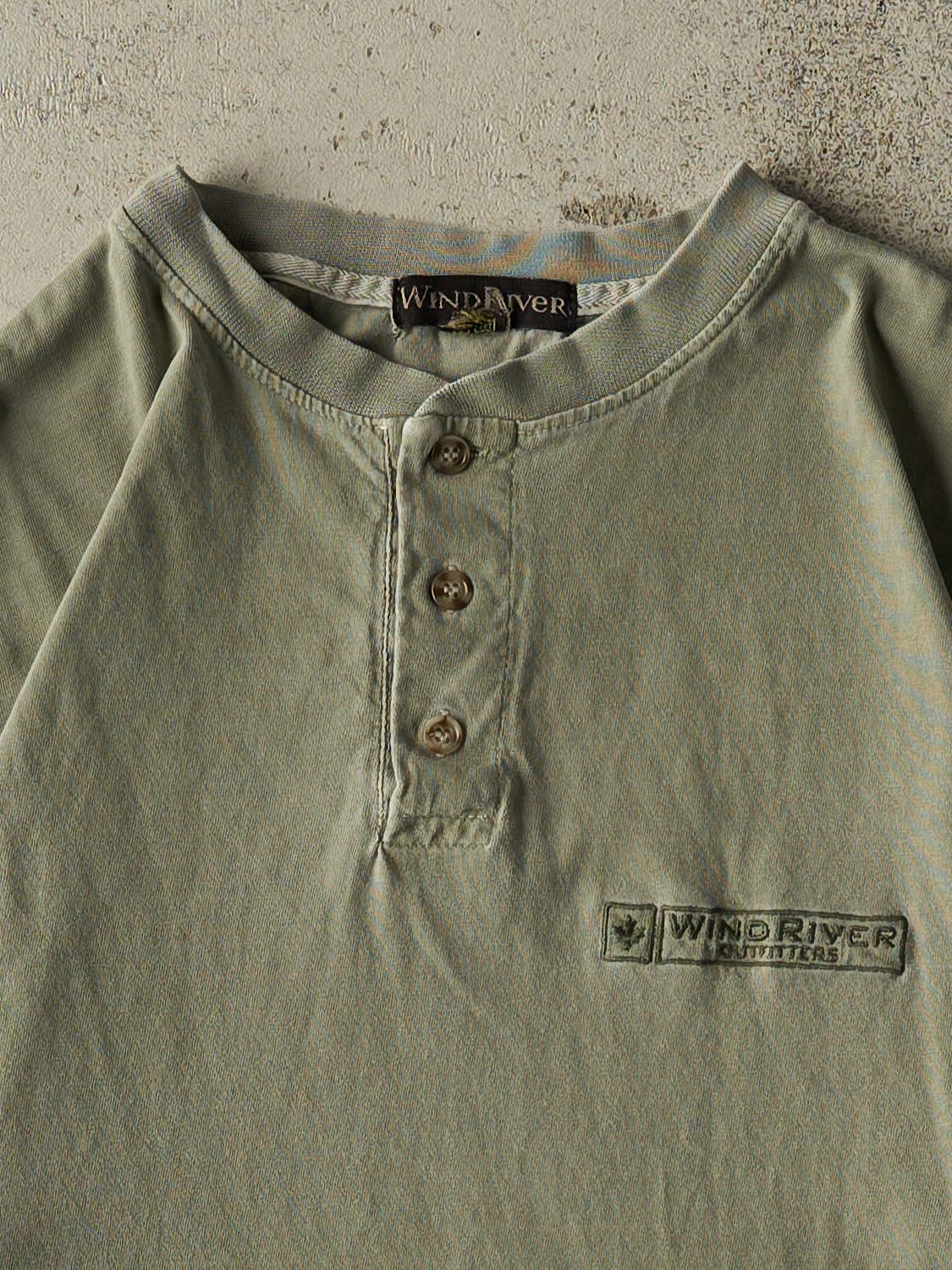 Vintage 90s Washed Green Wind River Embroidered Quarter Button Tee (L/XL)