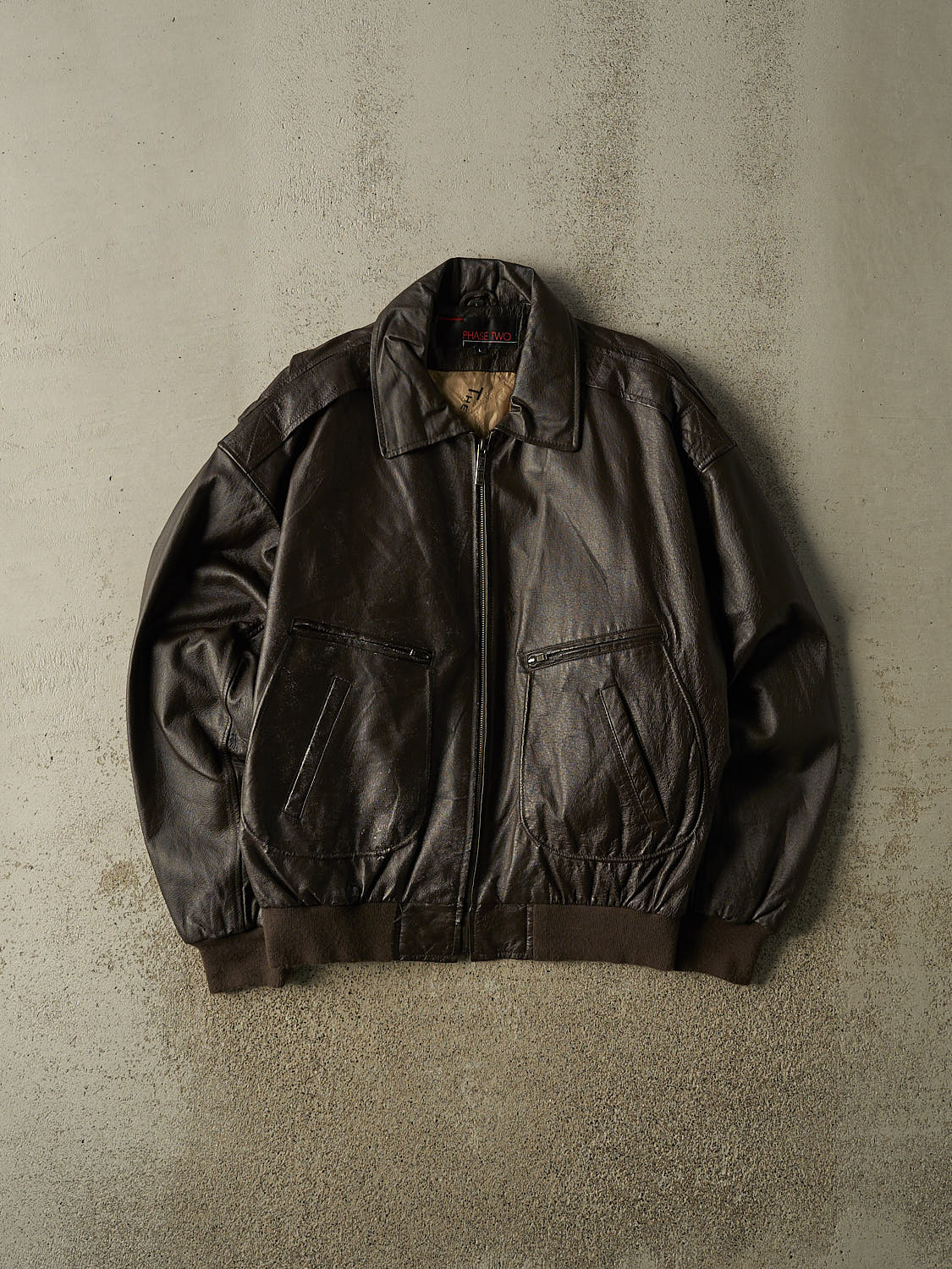 Vintage 90s Brown Phase Two Aviator Leather Jacket (L)