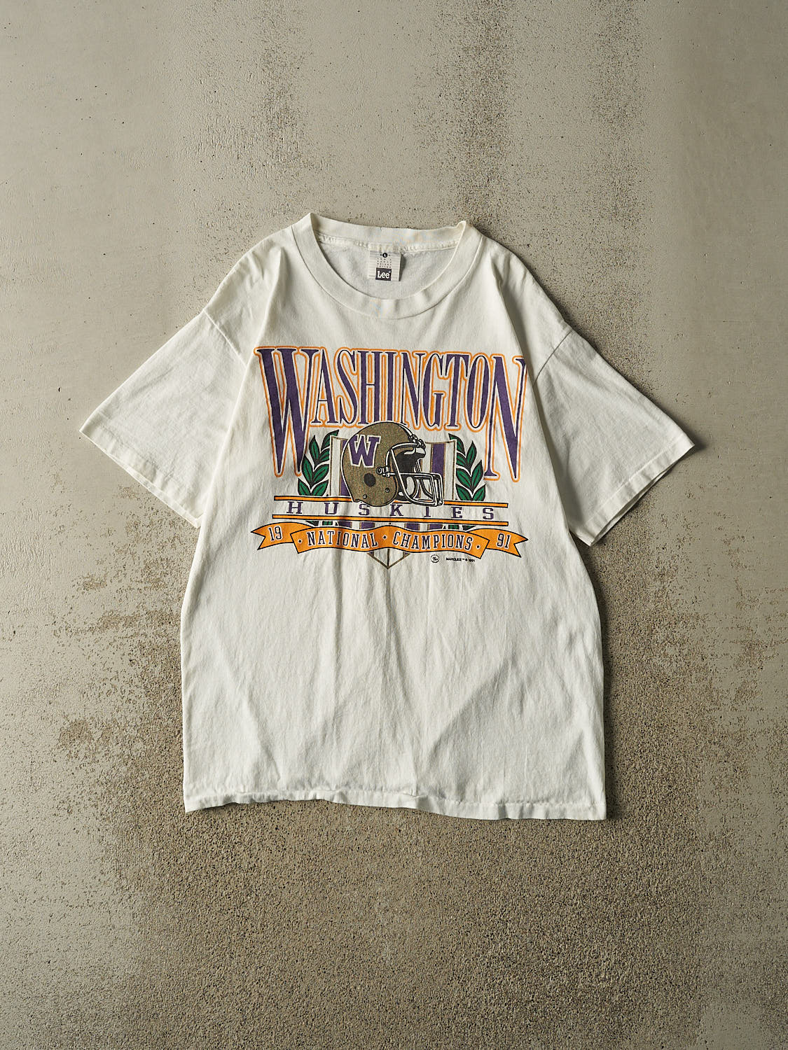 Vintage 91' White University of Washington Huskies Football National Champions Single Stitch Tee (L)
