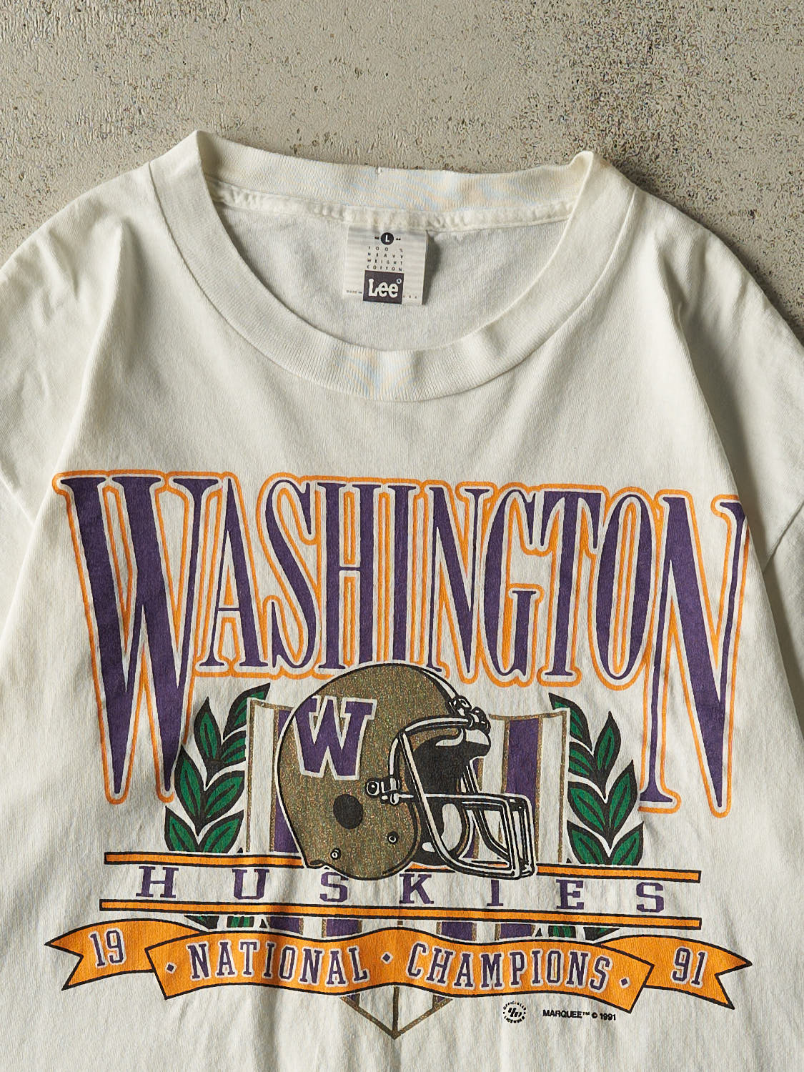 Vintage 91' White University of Washington Huskies Football National Champions Single Stitch Tee (L)