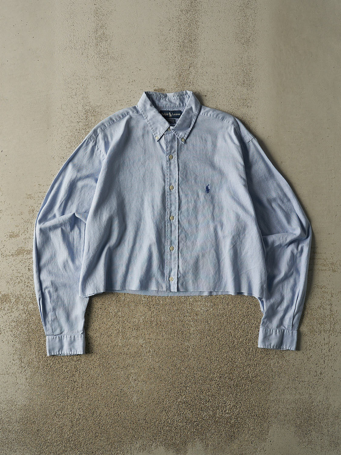 Vintage 90s Blue Polo Boxy Cropped Long Sleeve Button Up (S/M)