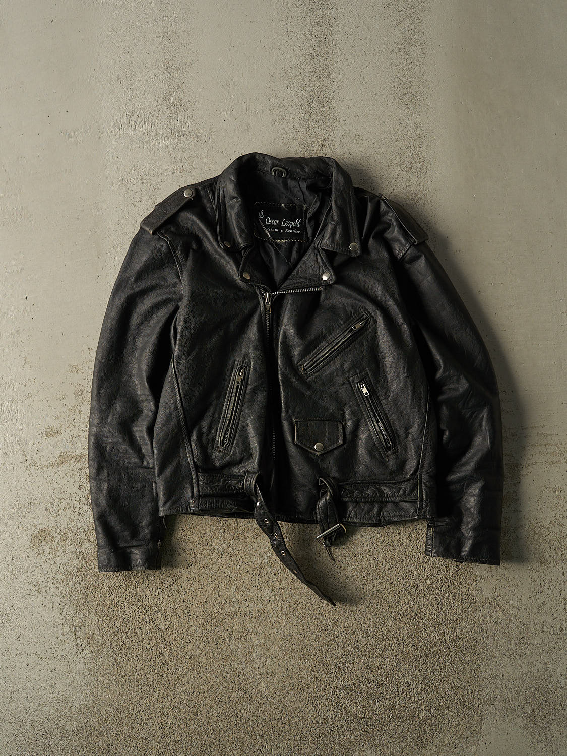 Vintage 80s Black Oscar Leopold Biker Leather Jacket (XS/S)