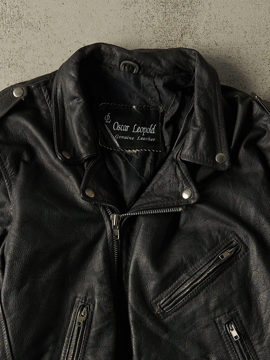 Vintage 80s Black Oscar Leopold Biker Leather Jacket (XS/S)
