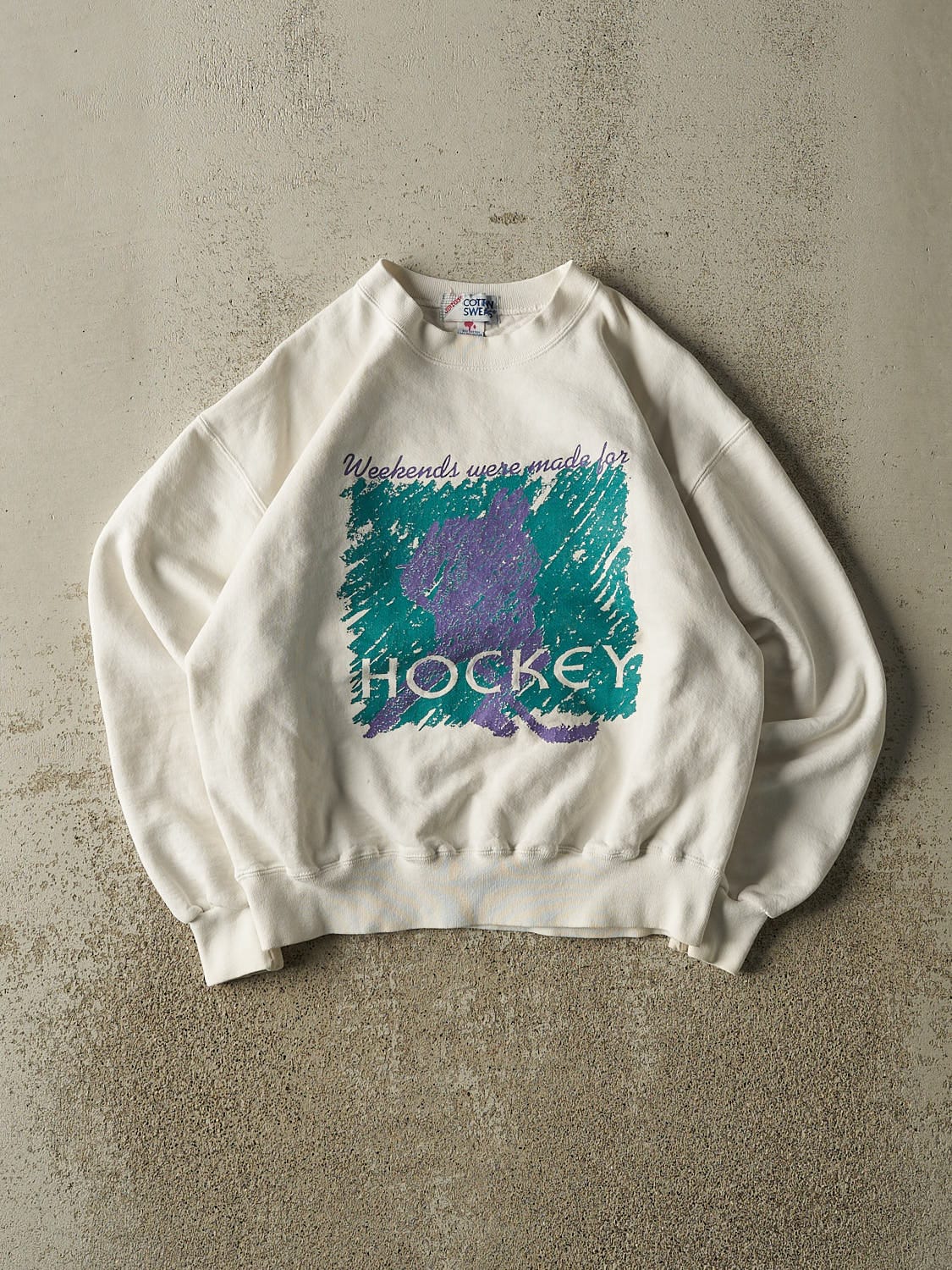 Vintage 80s White "Weekends Were Made For Hockey" Crewneck (XS/S)