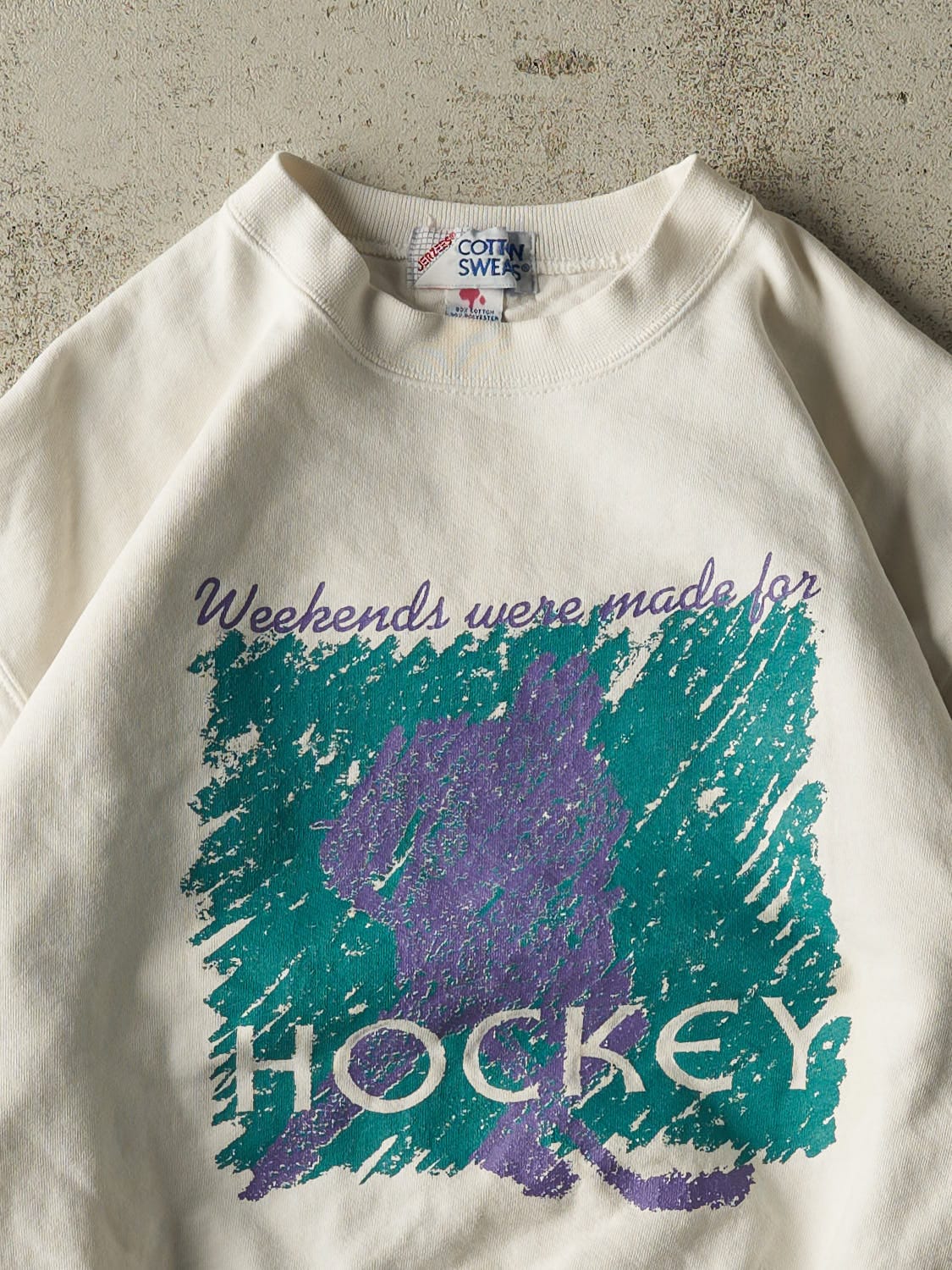 Vintage 80s White "Weekends Were Made For Hockey" Crewneck (XS/S)