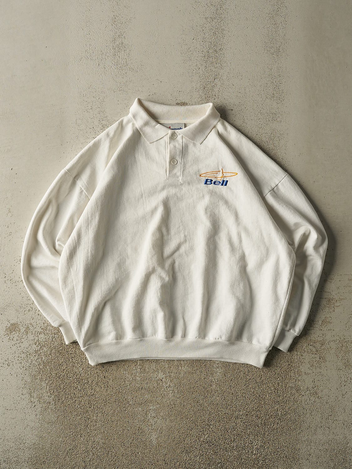 Vintage 90s White Bell Embroidered Quarter Button Sweater (L/XL)