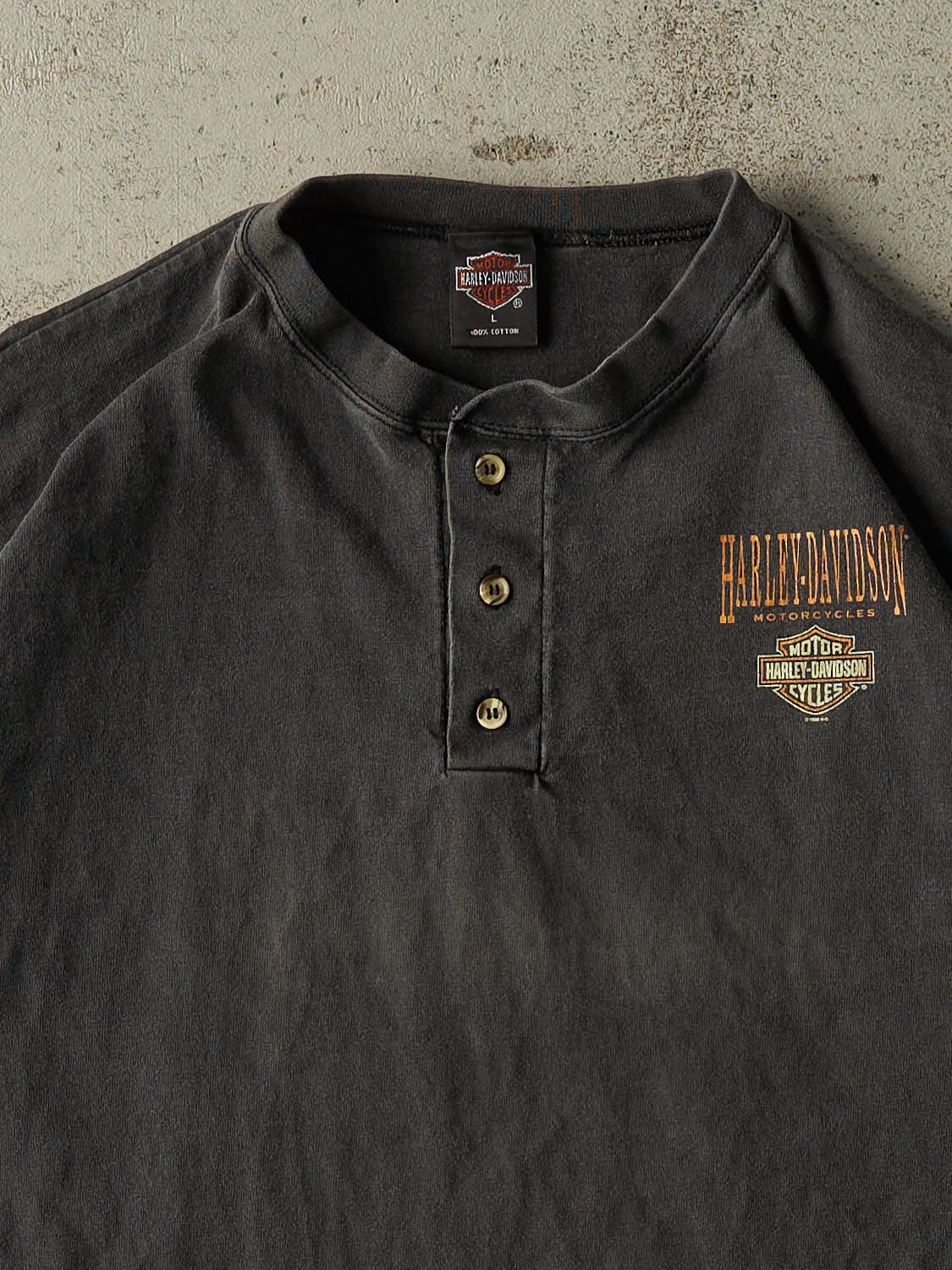 Vintage 97' Faded Black Harley Davidson Quarter Button Tee (L/XL)