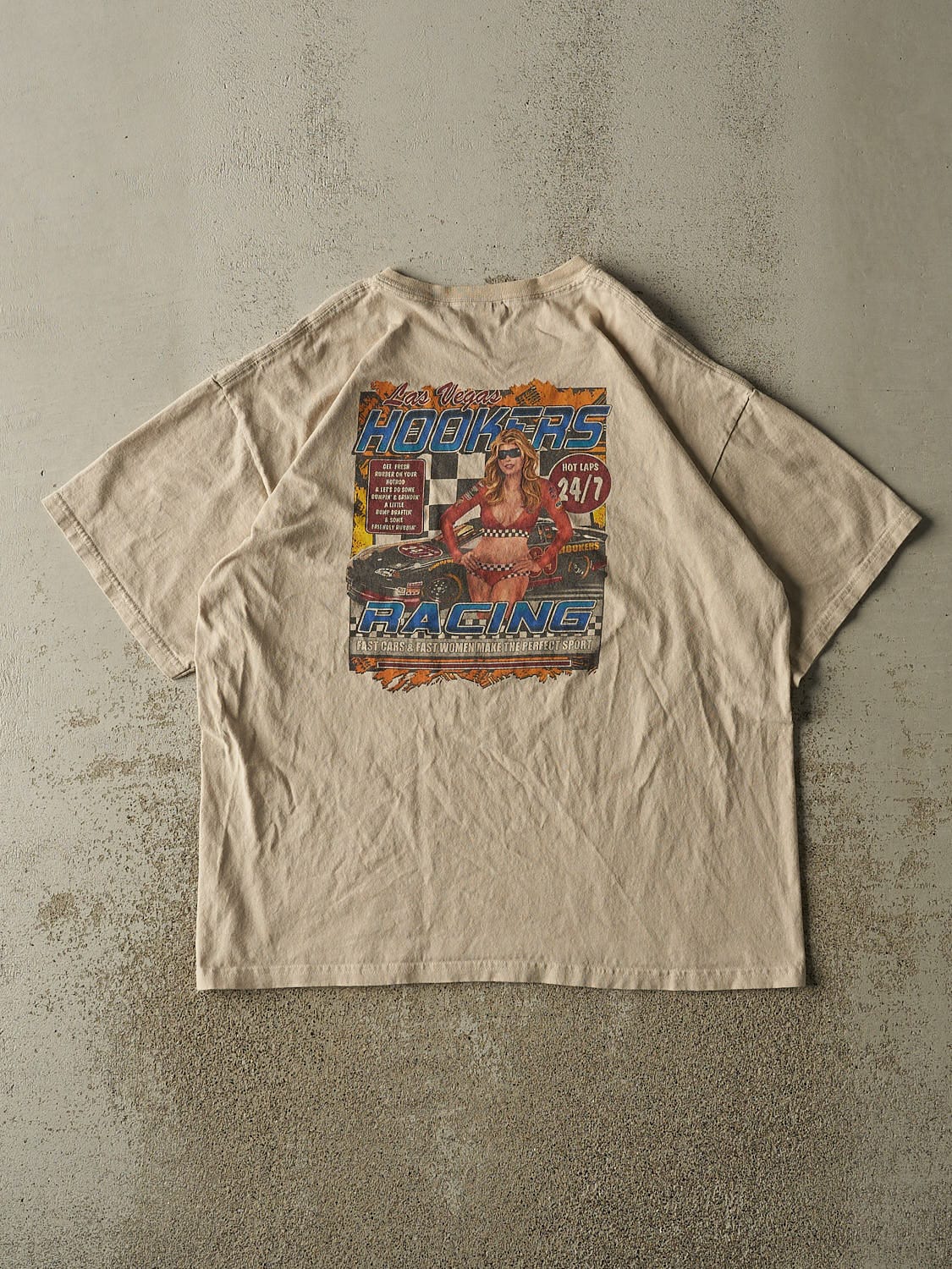 Vintage Y2K Beige Las Vegas Race Tee (L/XL)