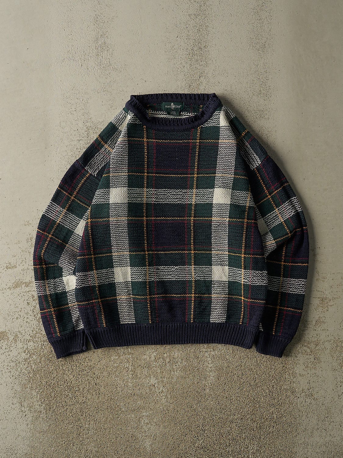 Vintage 90s Navy Blue & Green Tartan Knit (M)
