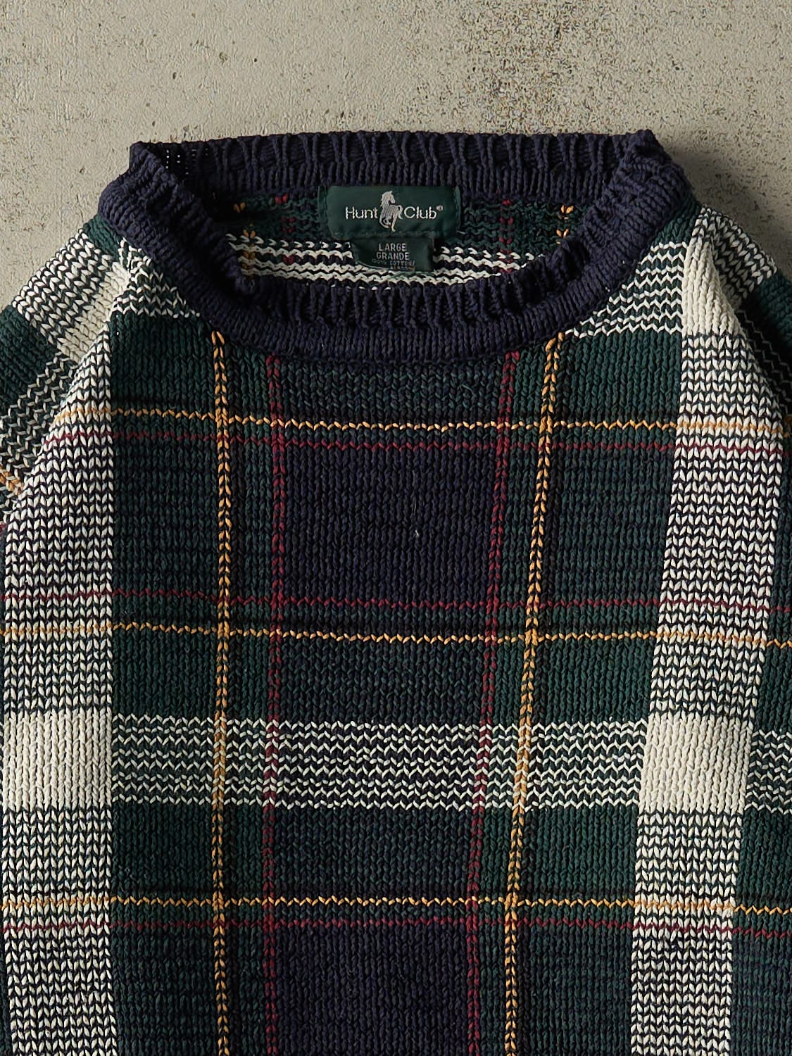 Vintage 90s Navy Blue & Green Tartan Knit (M)